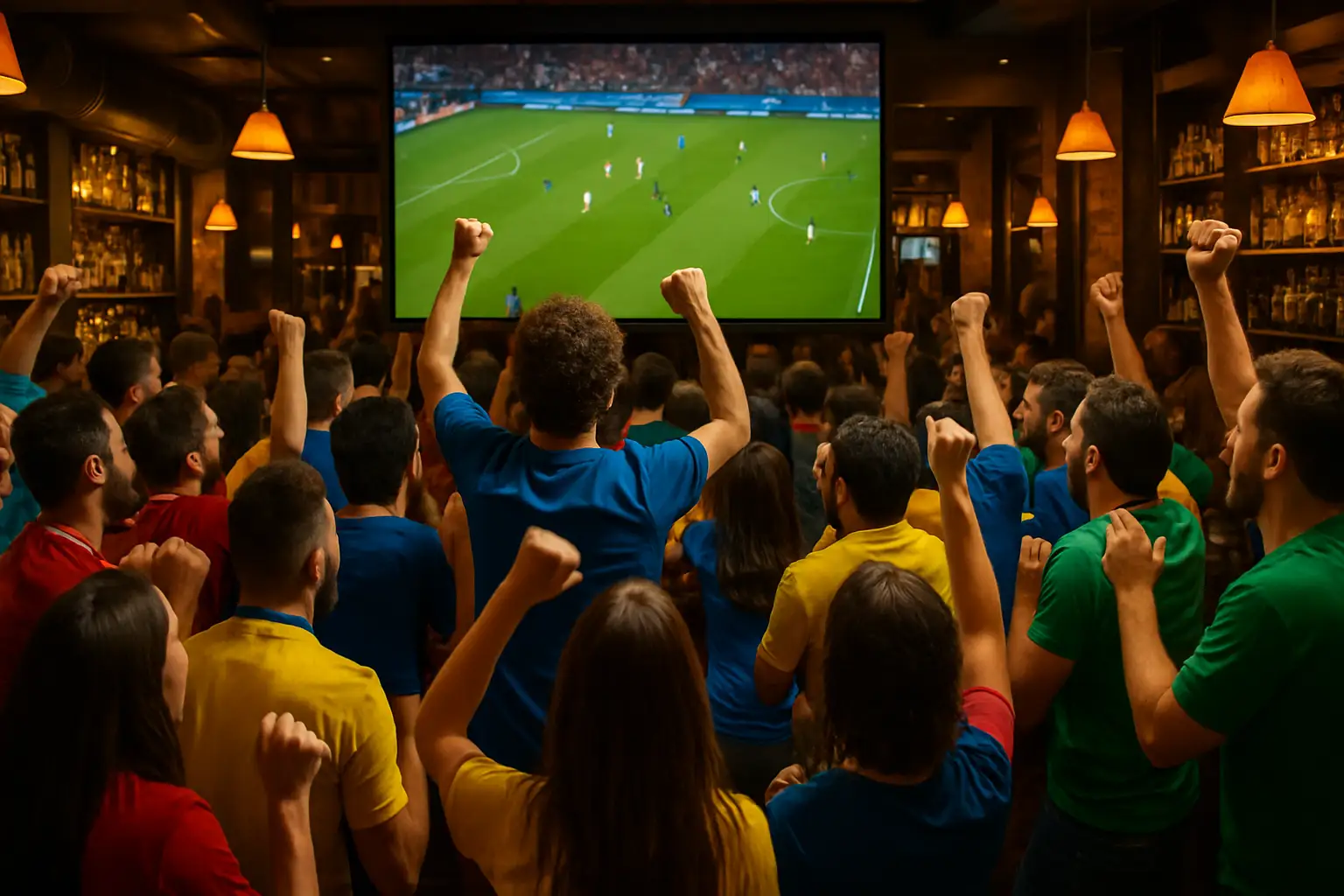 Fans in an American sports bar watching a soccer match on multiple screens, wearing national team jerseys