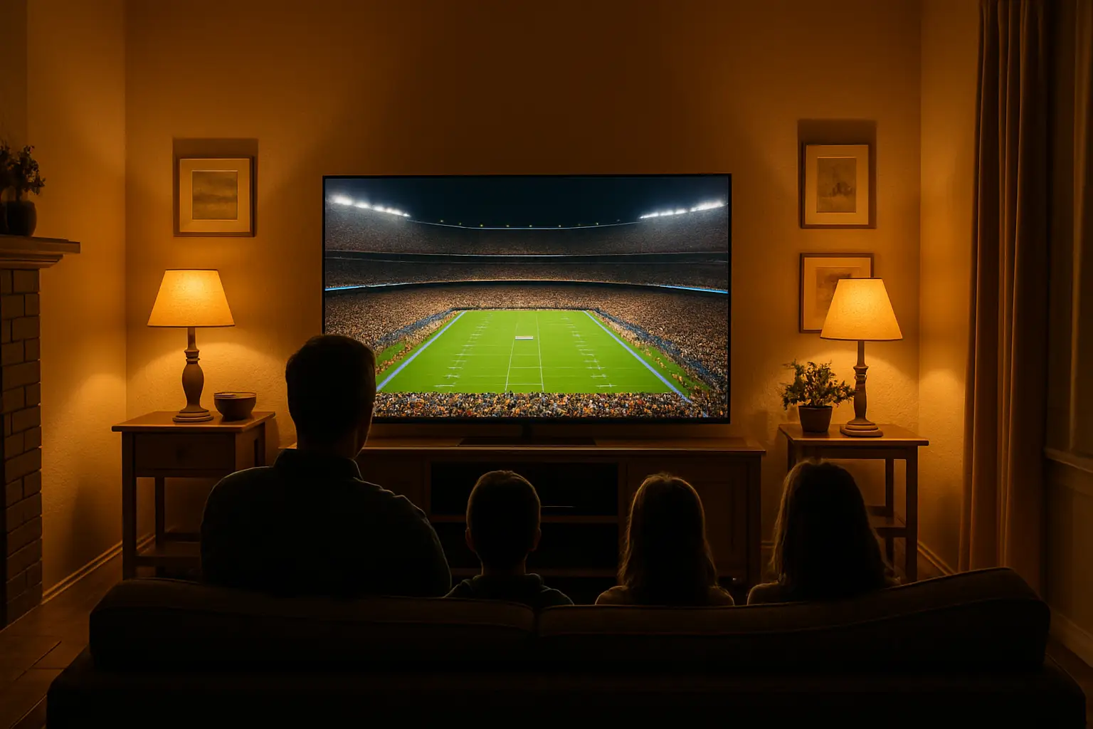 A living room television glowing with a football stadium broadcast while a family watches intently