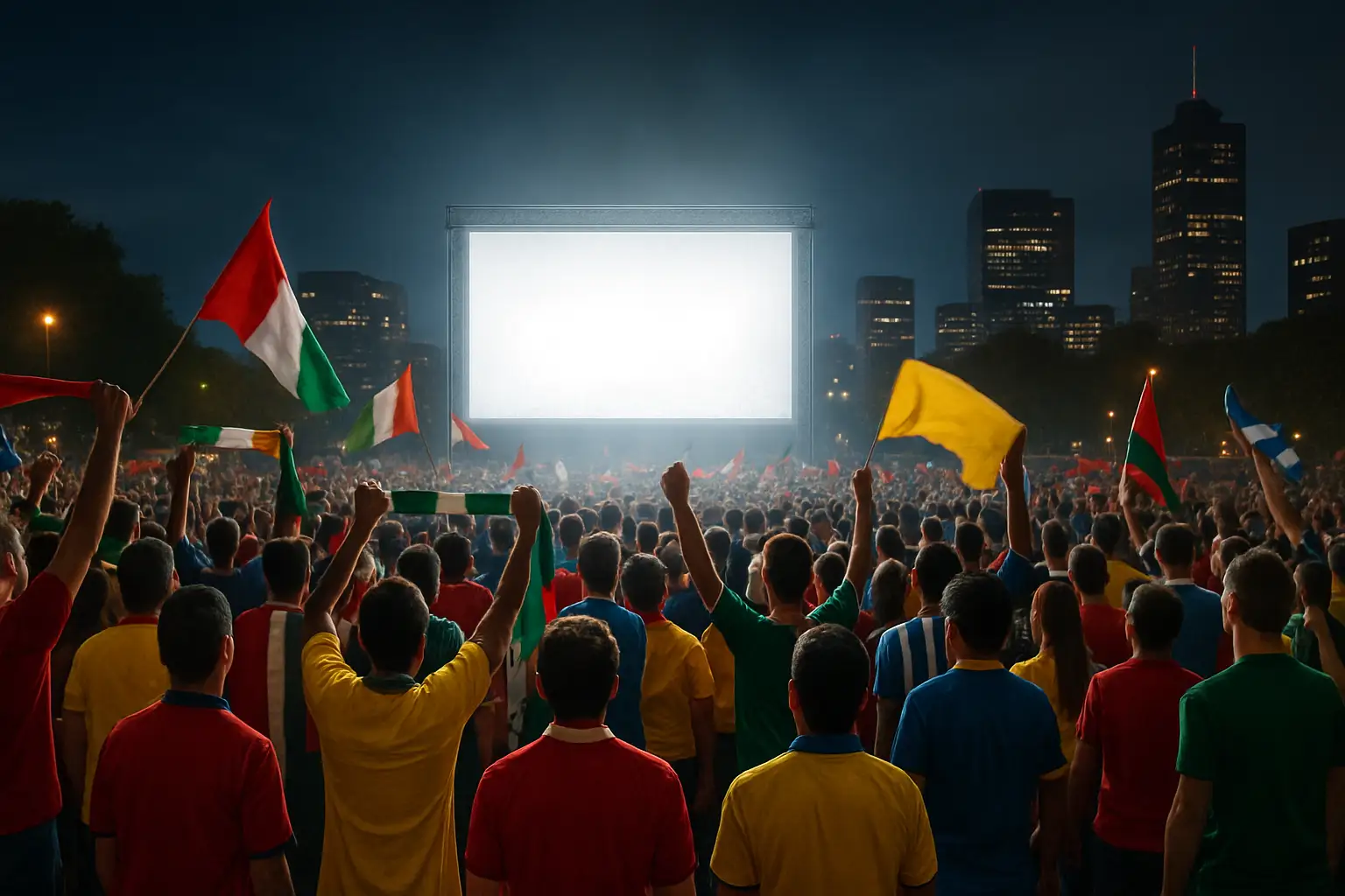 Soccer fans in colorful jerseys watching a World Cup match on a large outdoor screen at night