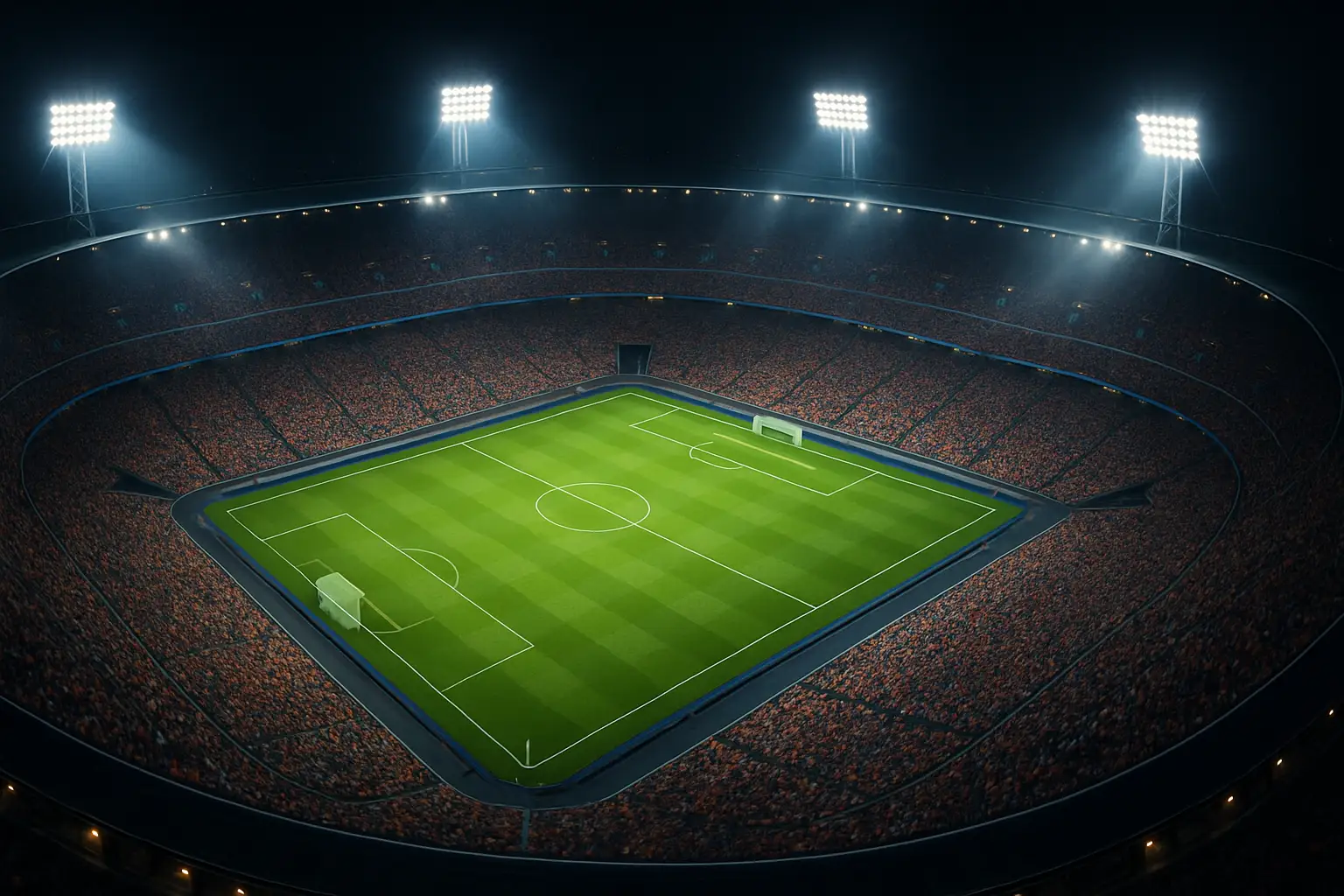 A packed football stadium with green pitch glowing under floodlights at night