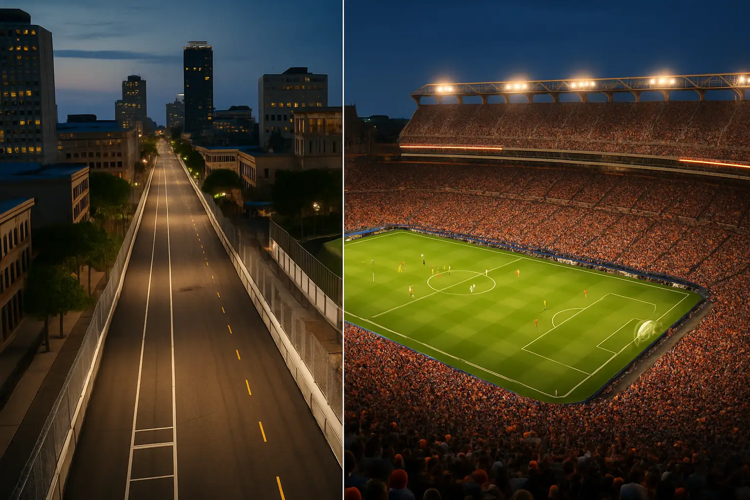 IndyCar street circuit with a soccer ball in the foreground symbolizing a scheduling conflict