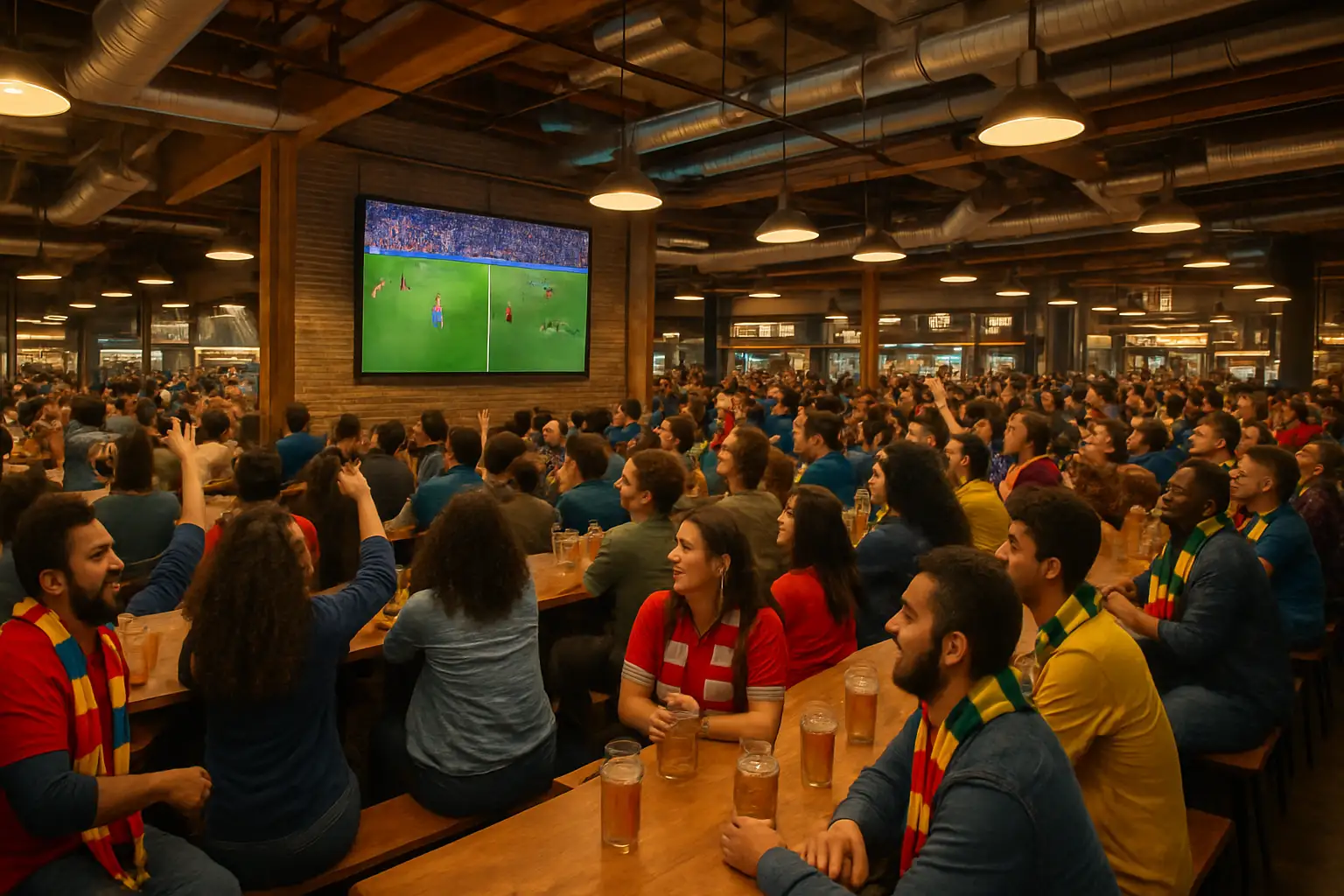 Football fans gathered at an indoor public market venue watching a large screen during the FIFA World Cup final