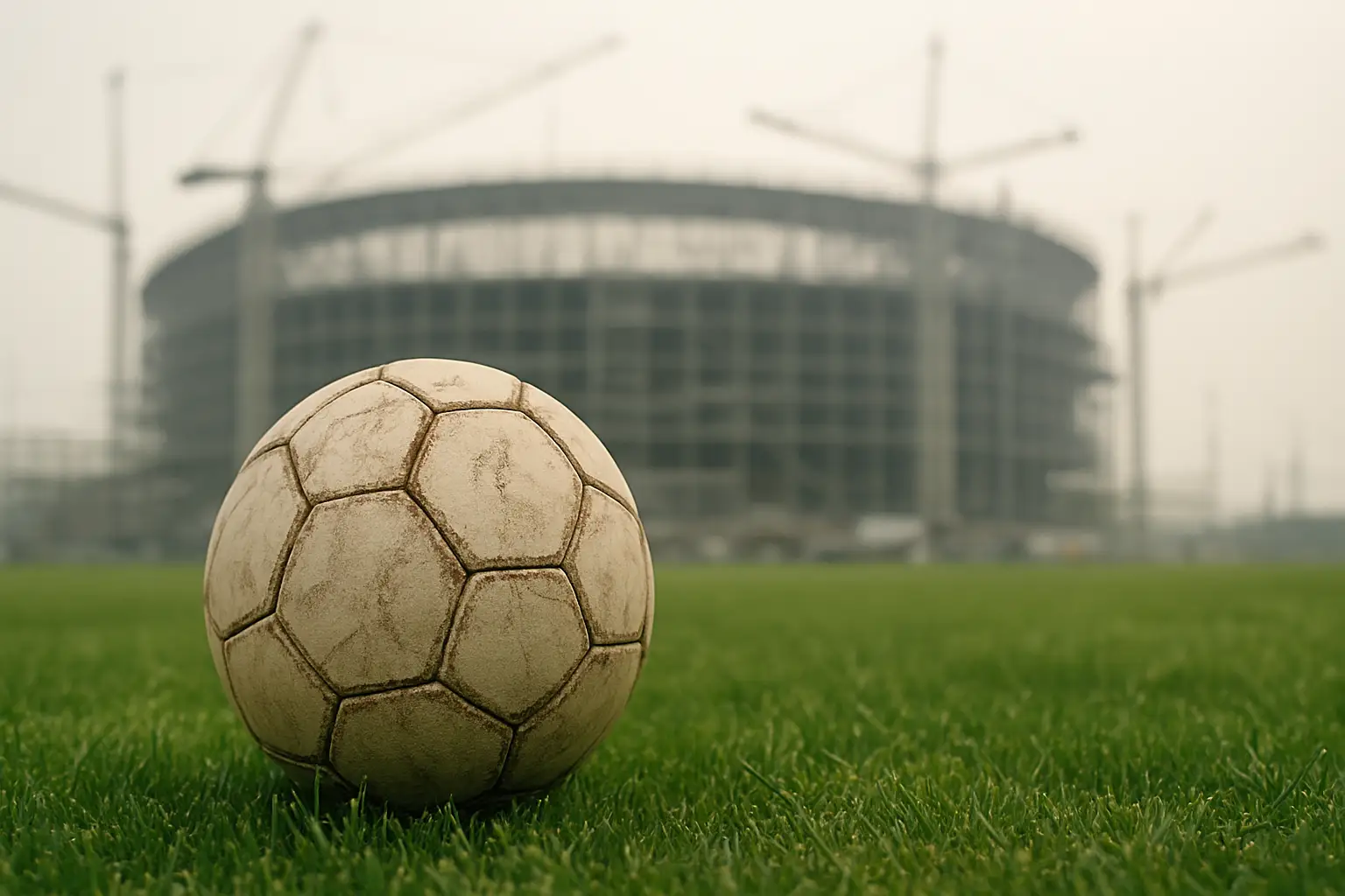 A soccer ball resting on a green pitch near a stadium under construction with workers visible in the background