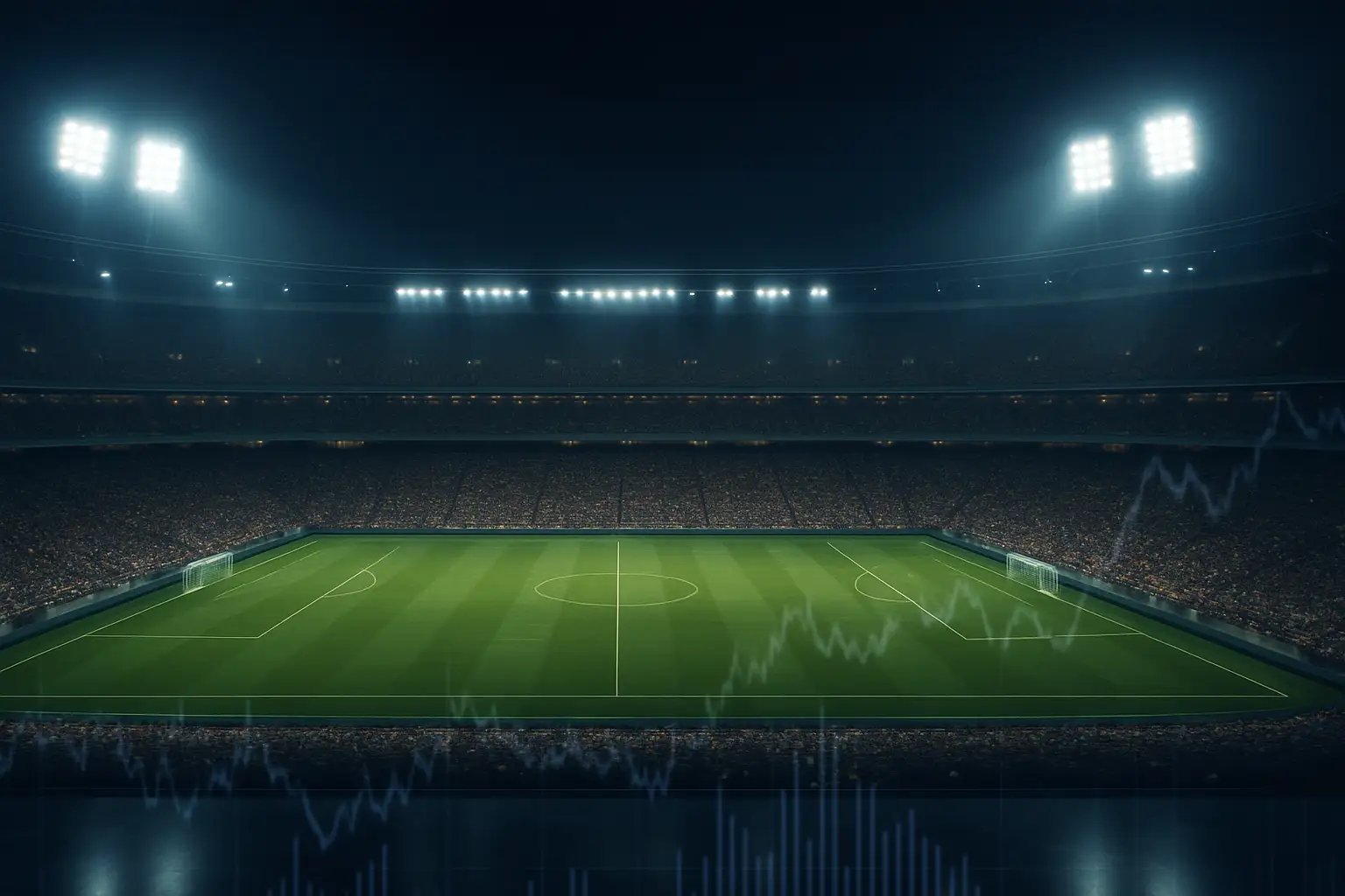 A football stadium filled with fans under bright floodlights, symbolizing the global scale of the World Cup