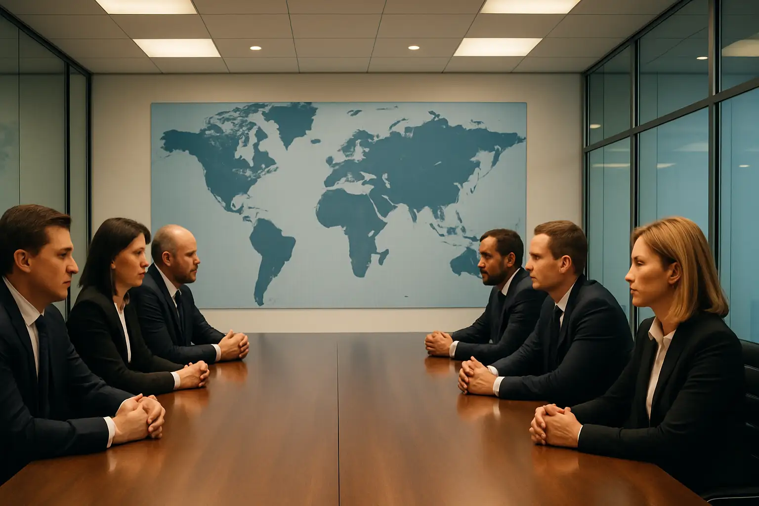 Football officials facing each other across a table in a tense negotiation setting