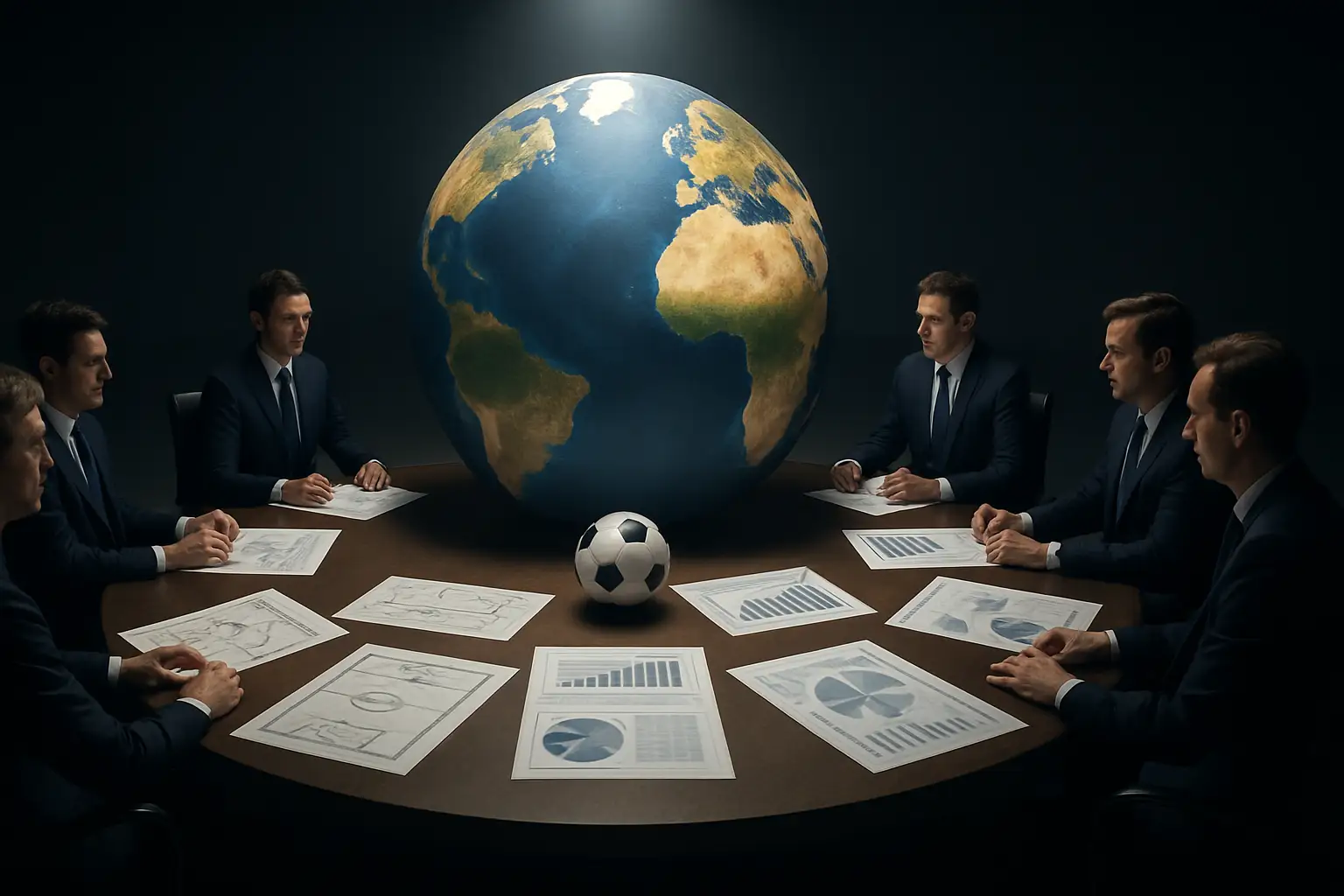 Football executives in a boardroom debating a global tournament proposal