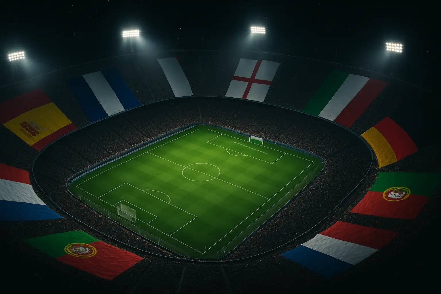 Eight national football team flags arranged around a glowing stadium pitch representing the World Cup quarterfinals