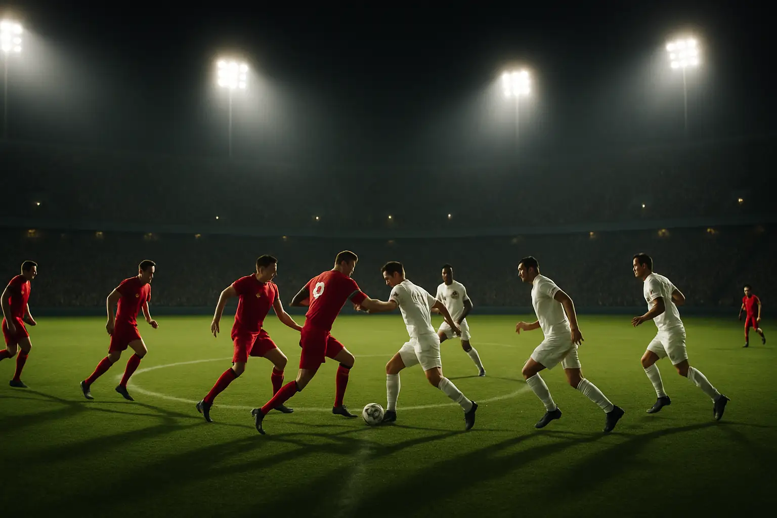 Football players competing in a World Cup quarterfinal match under floodlights