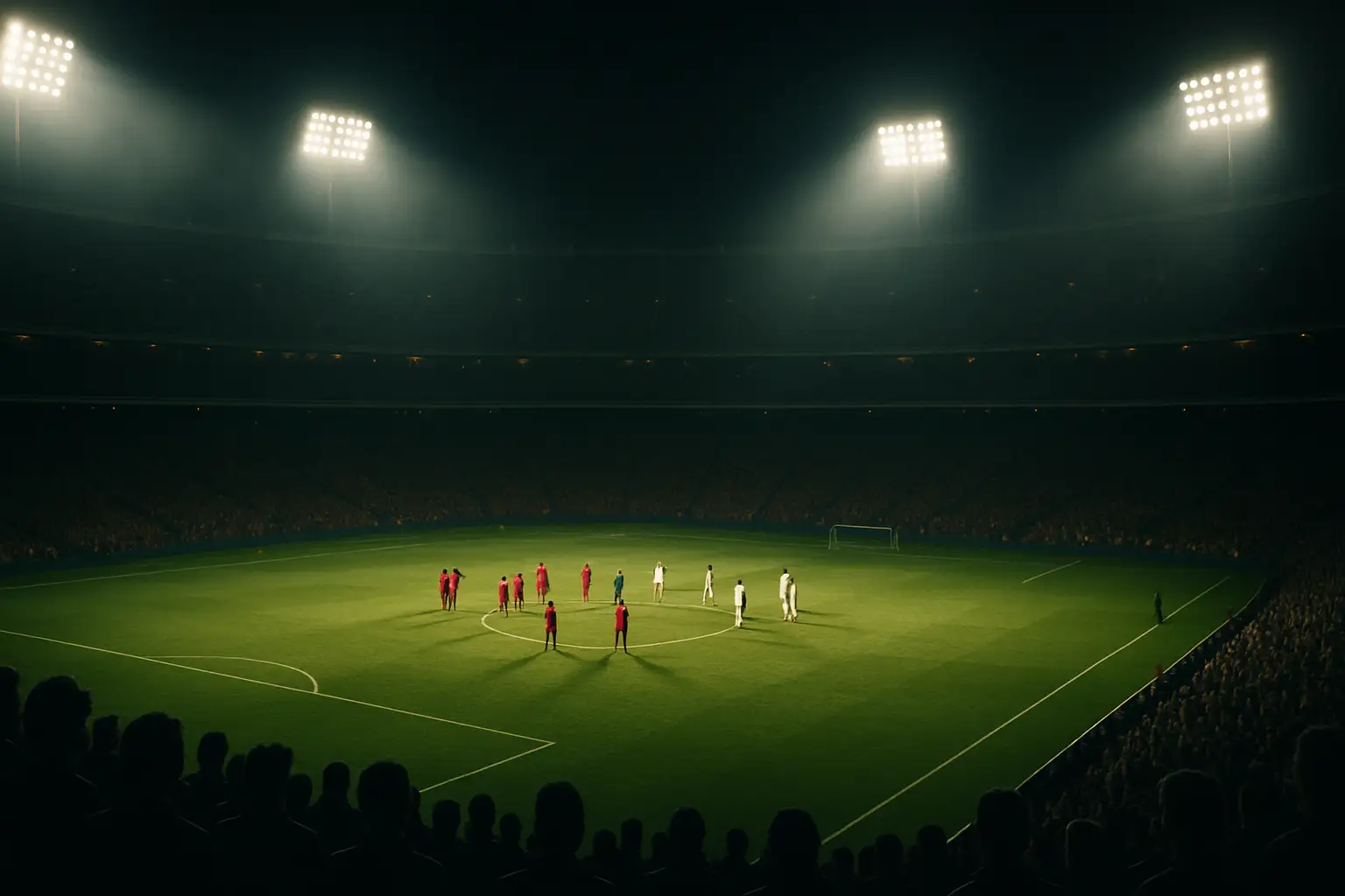 Football players competing in a World Cup quarterfinal match under stadium floodlights
