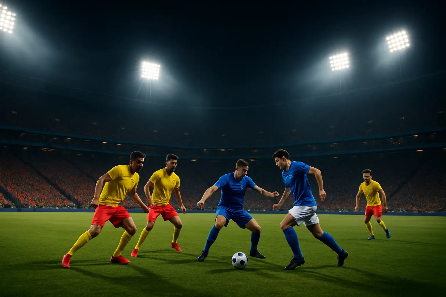 Football players competing in an intense World Cup quarterfinal match under stadium floodlights