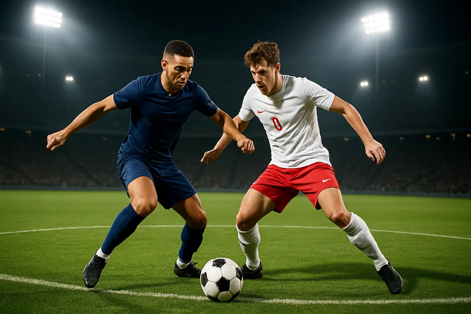 Football players competing in a high-intensity World Cup quarterfinal match under stadium floodlights