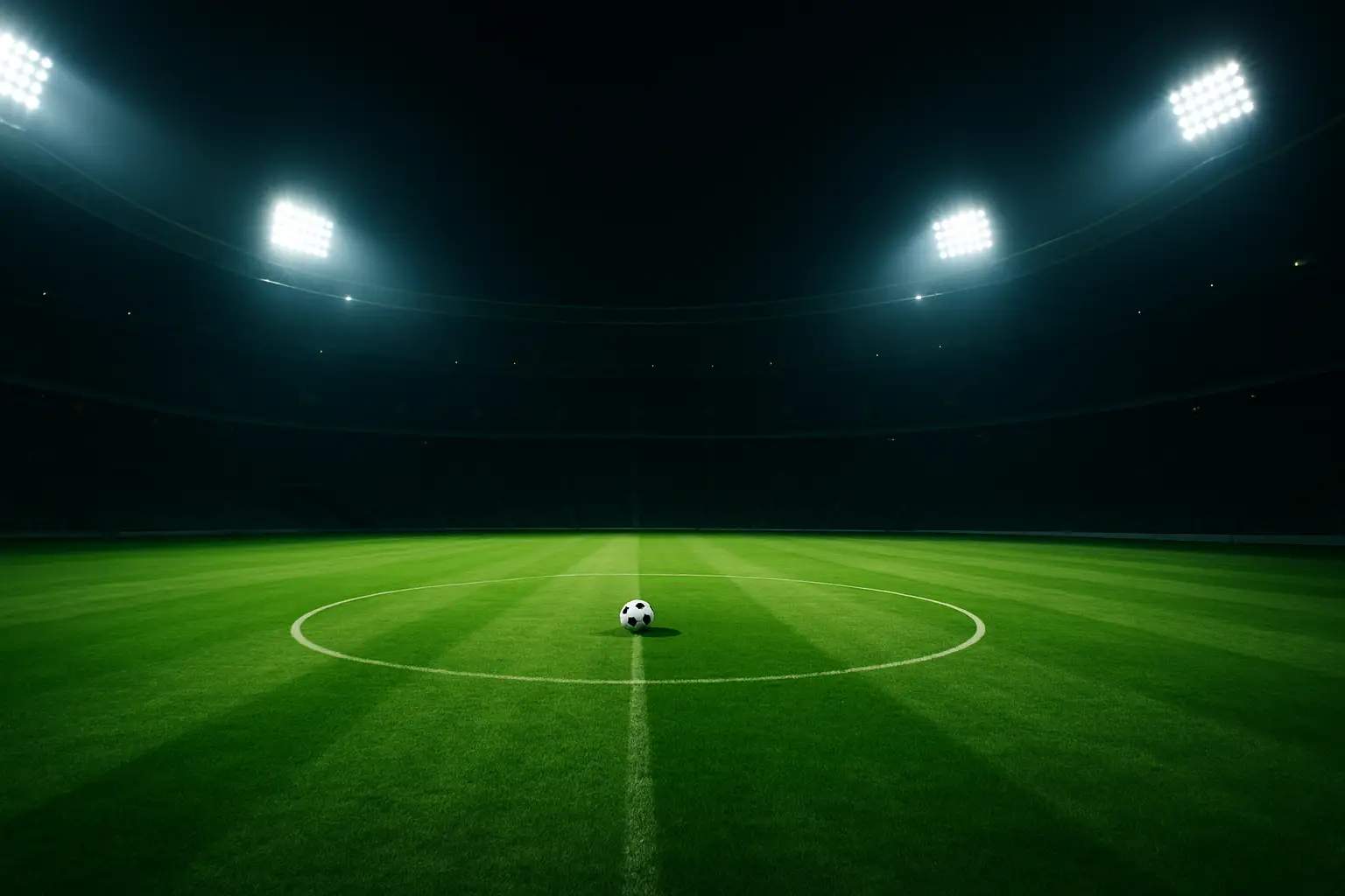 Football stadium lights illuminating an empty pitch at night with a match ball in the centre circle