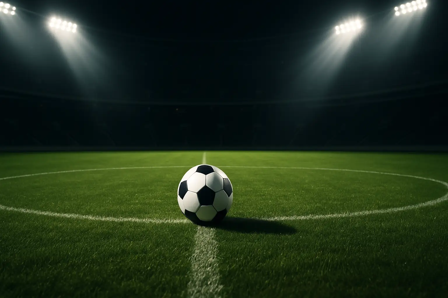 A football resting on a green pitch inside a large stadium with rows of empty seats in the background
