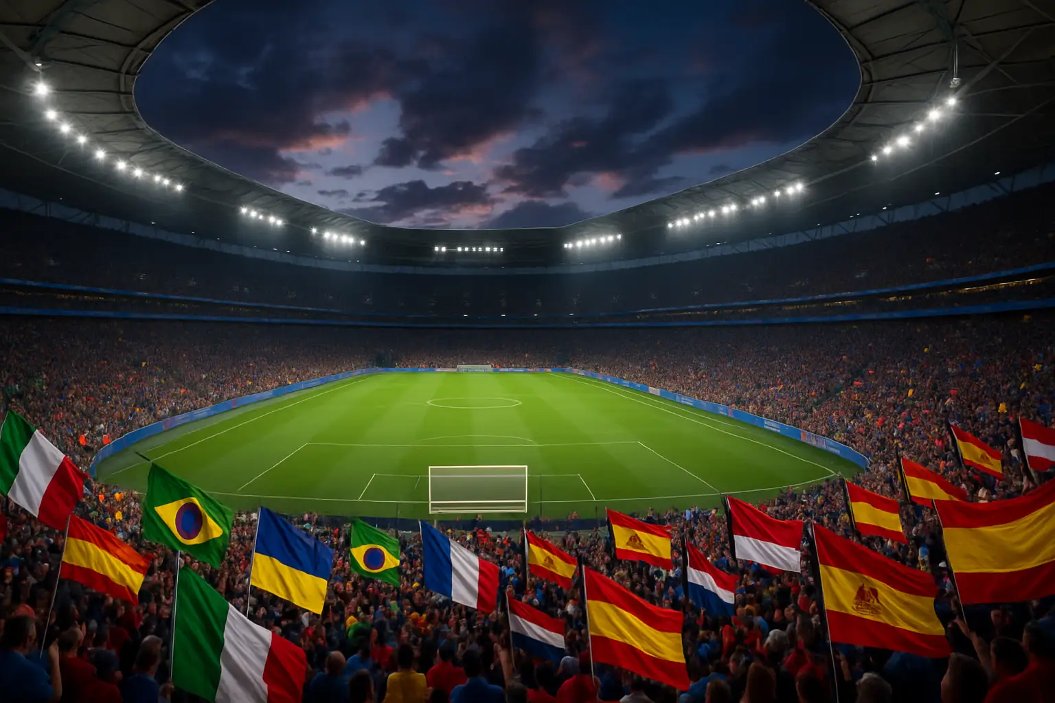 A football stadium filled with colorful national flags ahead of a major international tournament