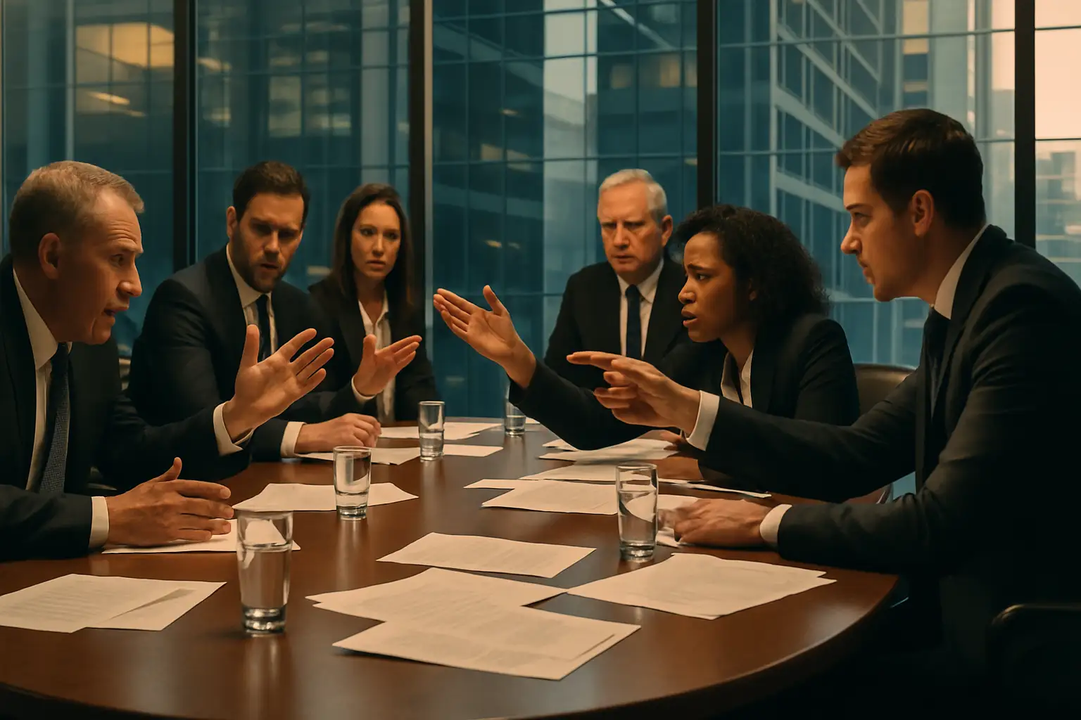 Football officials in formal suits gathered around a boardroom table in a heated discussion