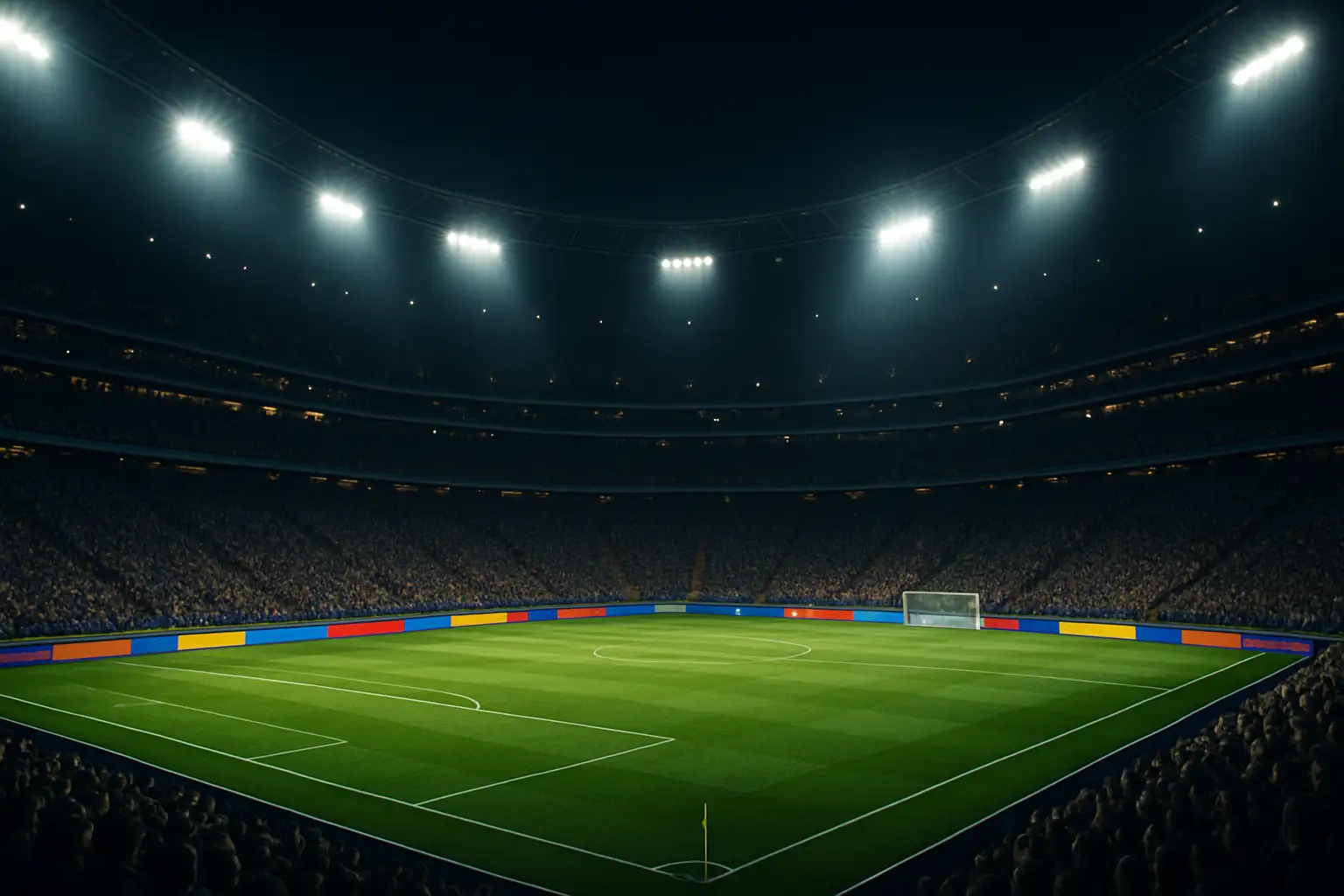 A football stadium filled with fans under bright floodlights, surrounded by corporate advertising boards