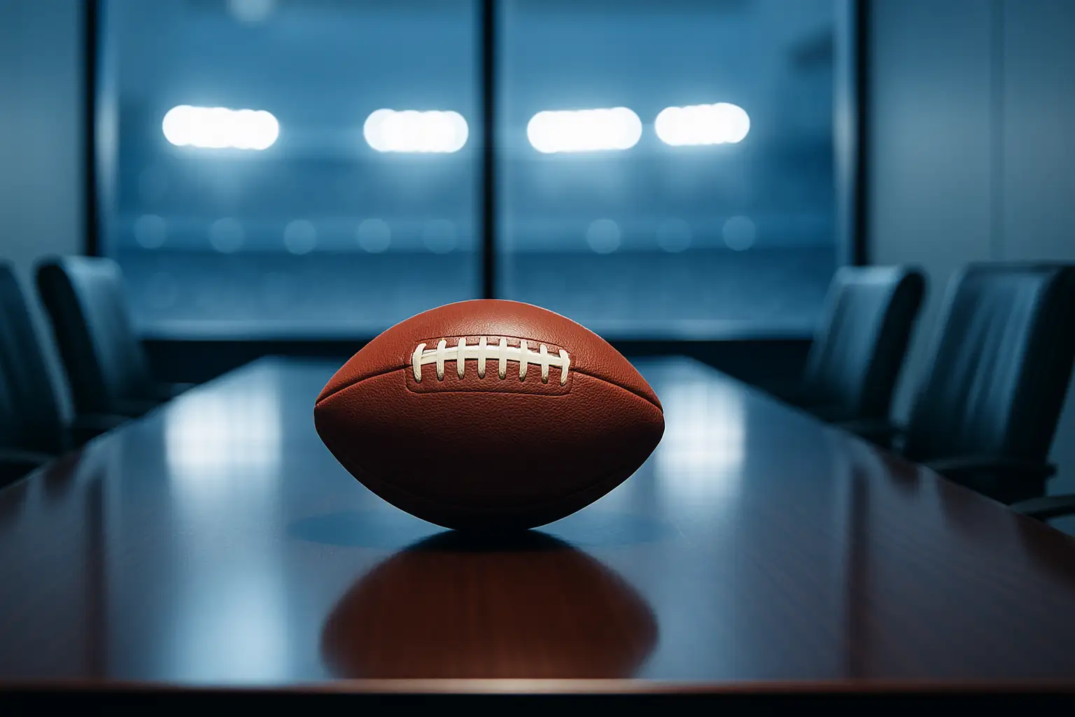 A football resting on a boardroom table with stadium lights visible in the background