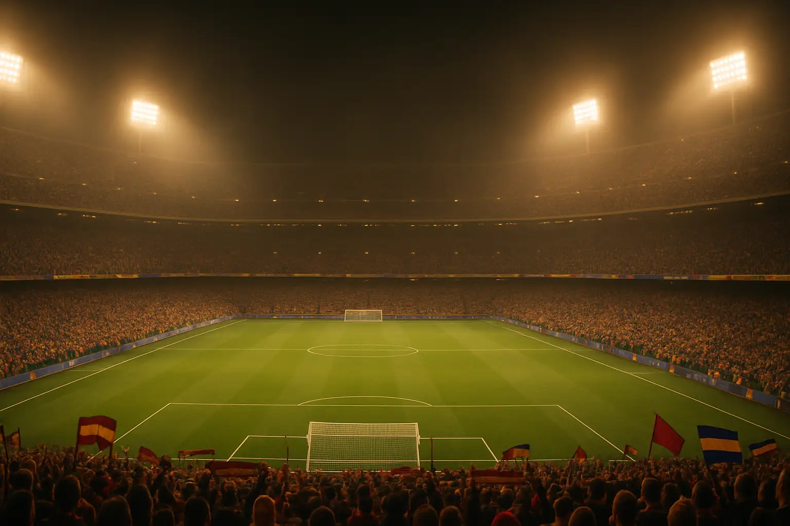 A football stadium lit up at night with a crowd of fans cheering