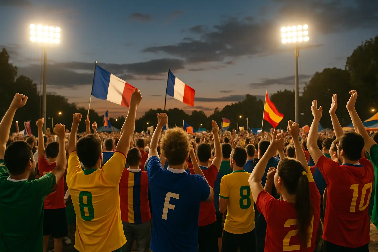 Fans from different countries celebrating together at a FIFA World Cup fan zone