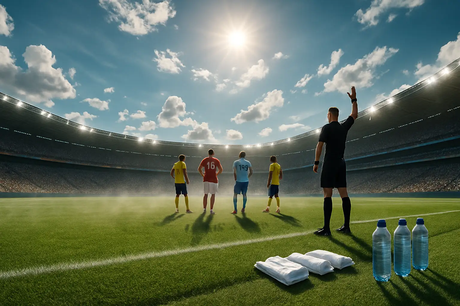 Soccer players on a sun-drenched pitch during a World Cup match with heat haze visible on the field