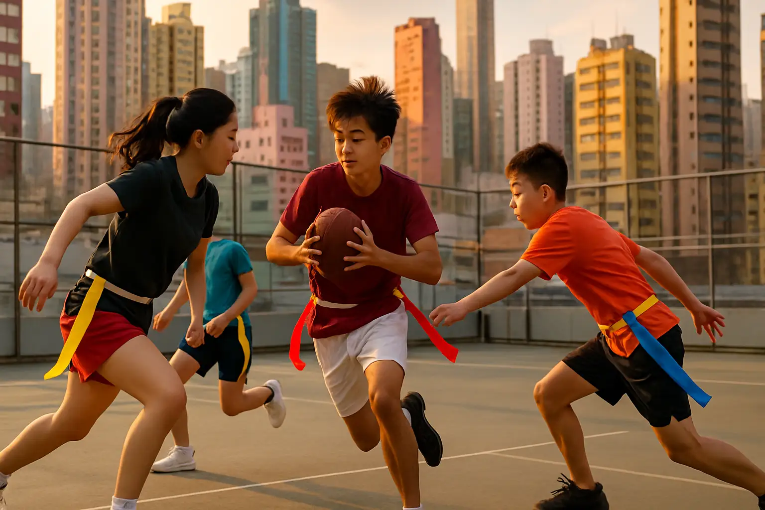 Players competing in a flag football game in an urban Asian city setting