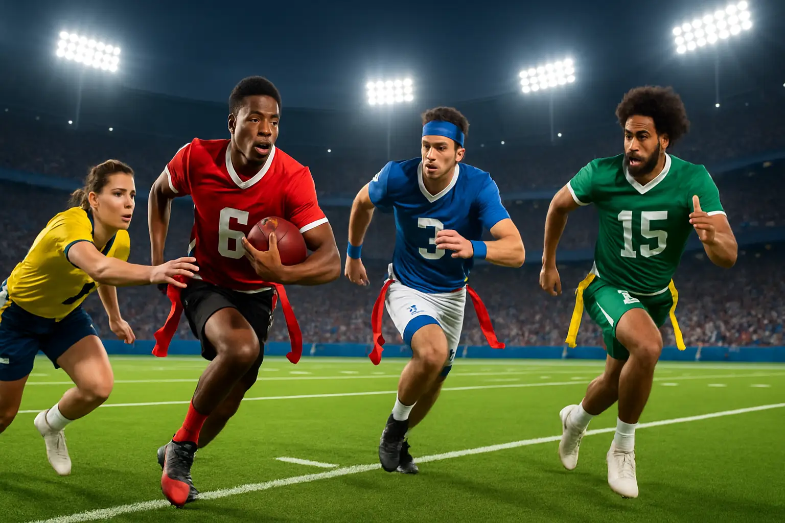 Athletes competing in a flag football game during an international championship tournament