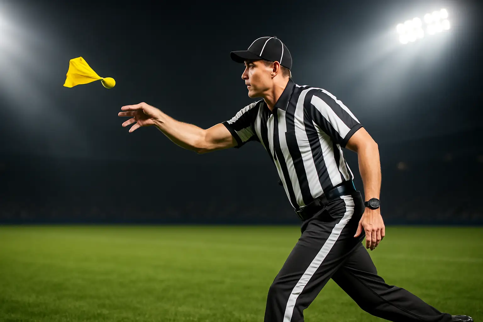 Referee throwing a yellow penalty flag on a football field during a game