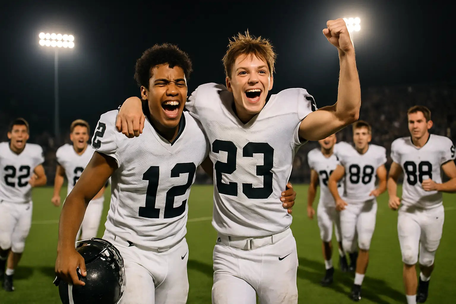 High school football players celebrating a victory on the field under stadium lights
