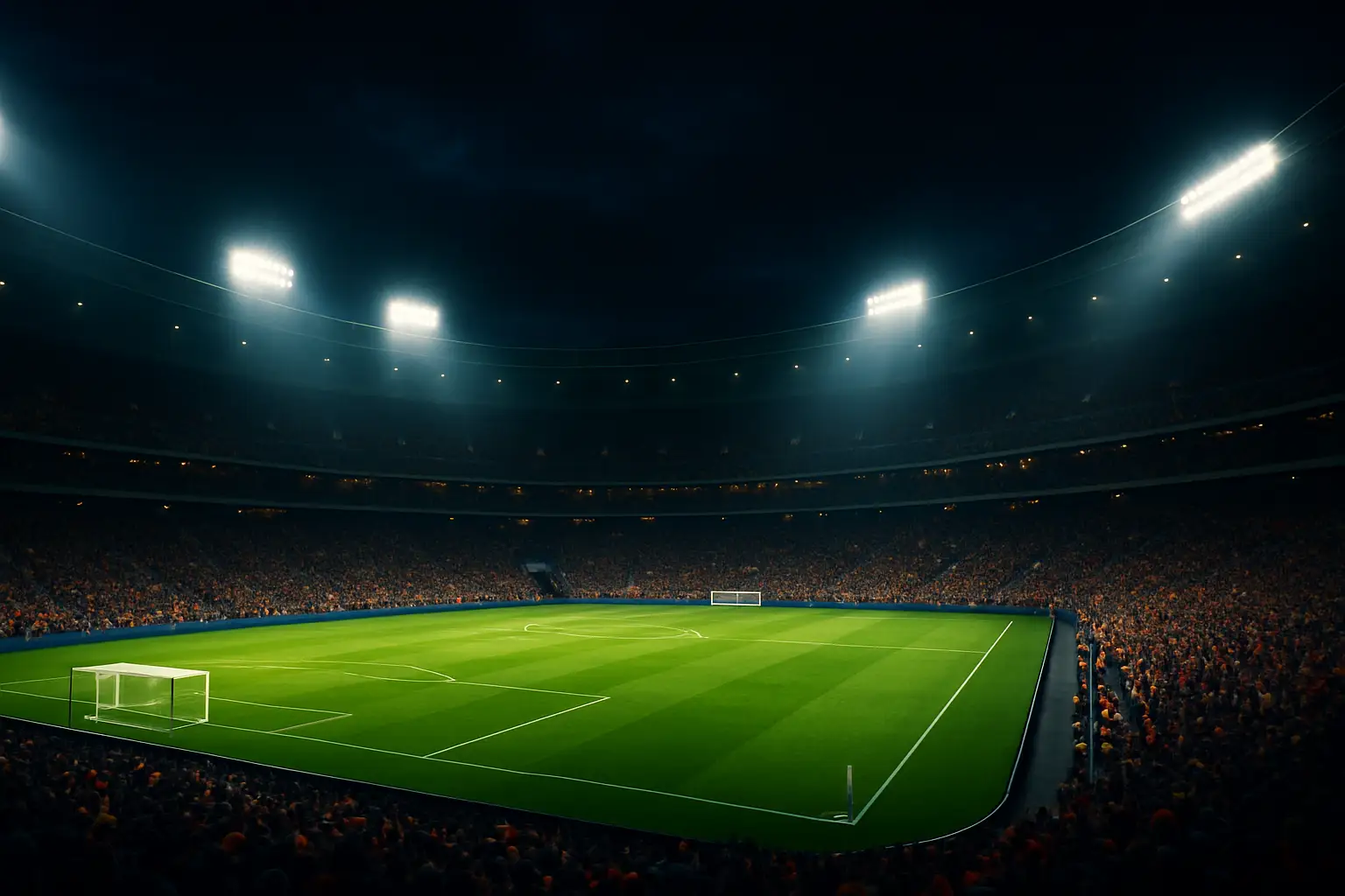 A football stadium lit up at night with fans in the stands watching a match