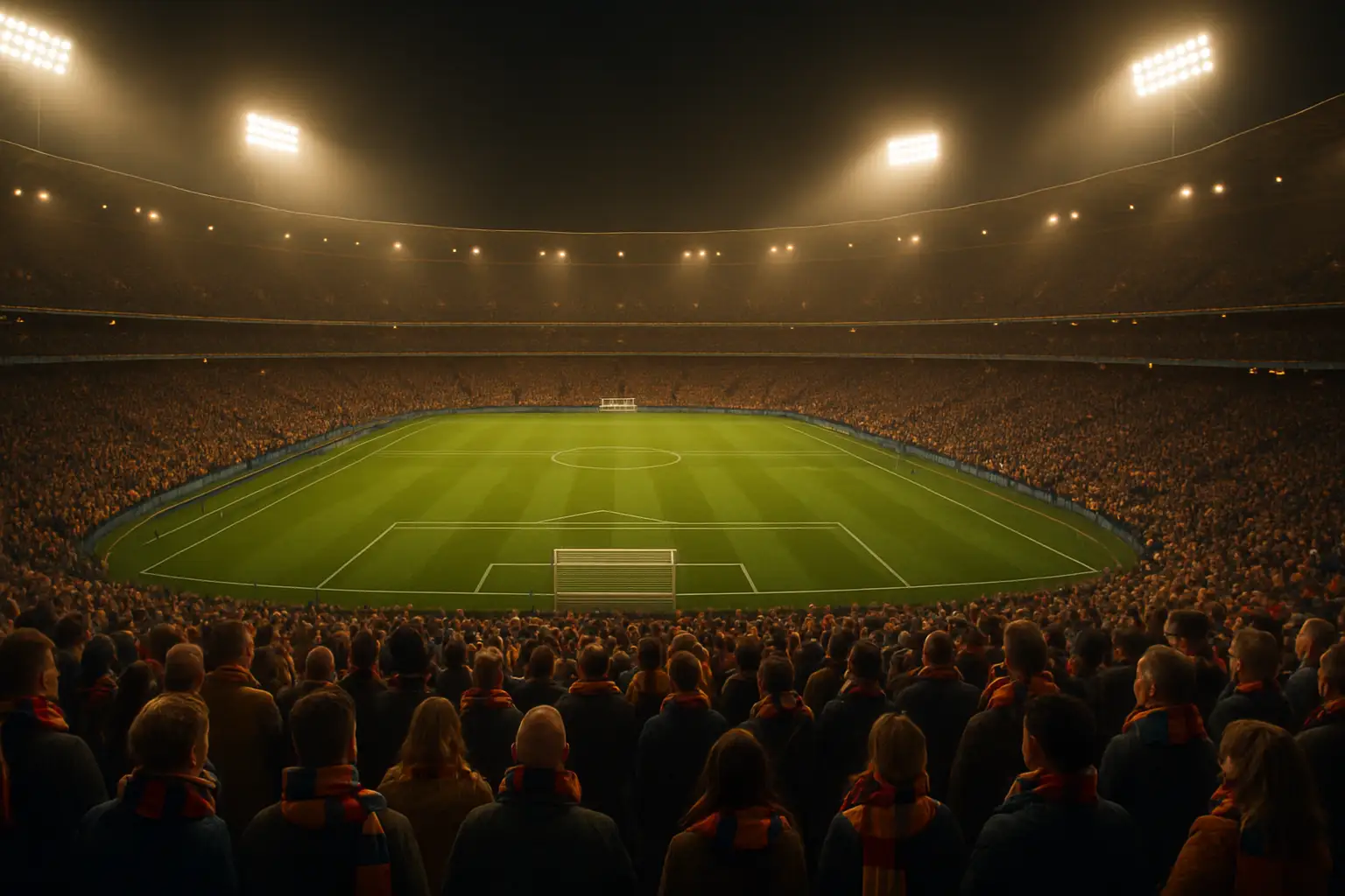 Football fans in a packed stadium watching a night match under floodlights