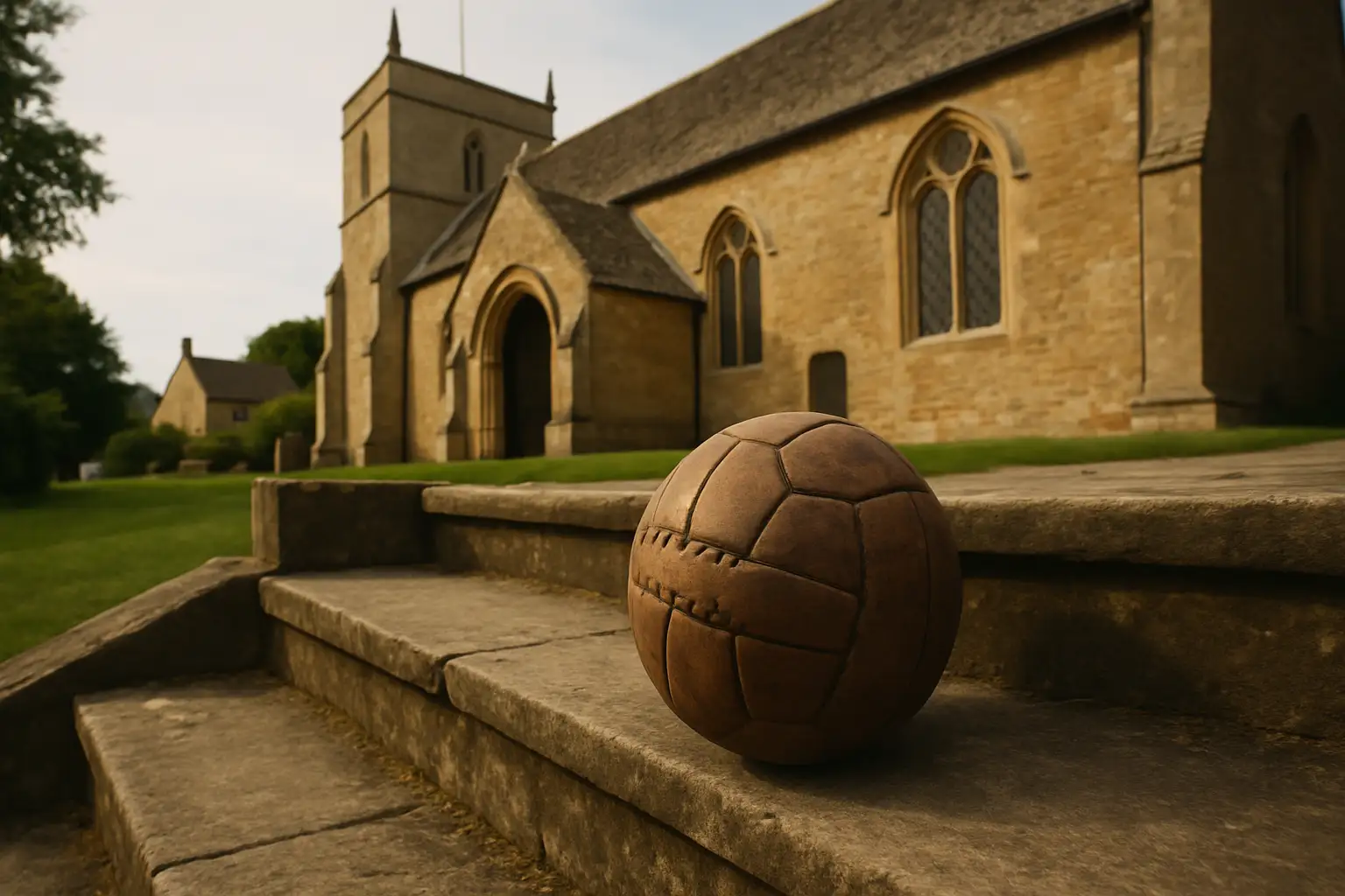 A football resting near the entrance of a stone church on a quiet afternoon