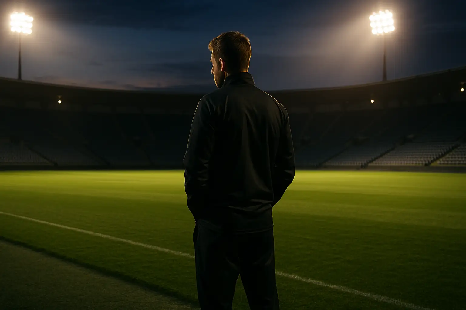 A football coach stands on the sideline of a stadium pitch, arms folded, watching players train under floodlights