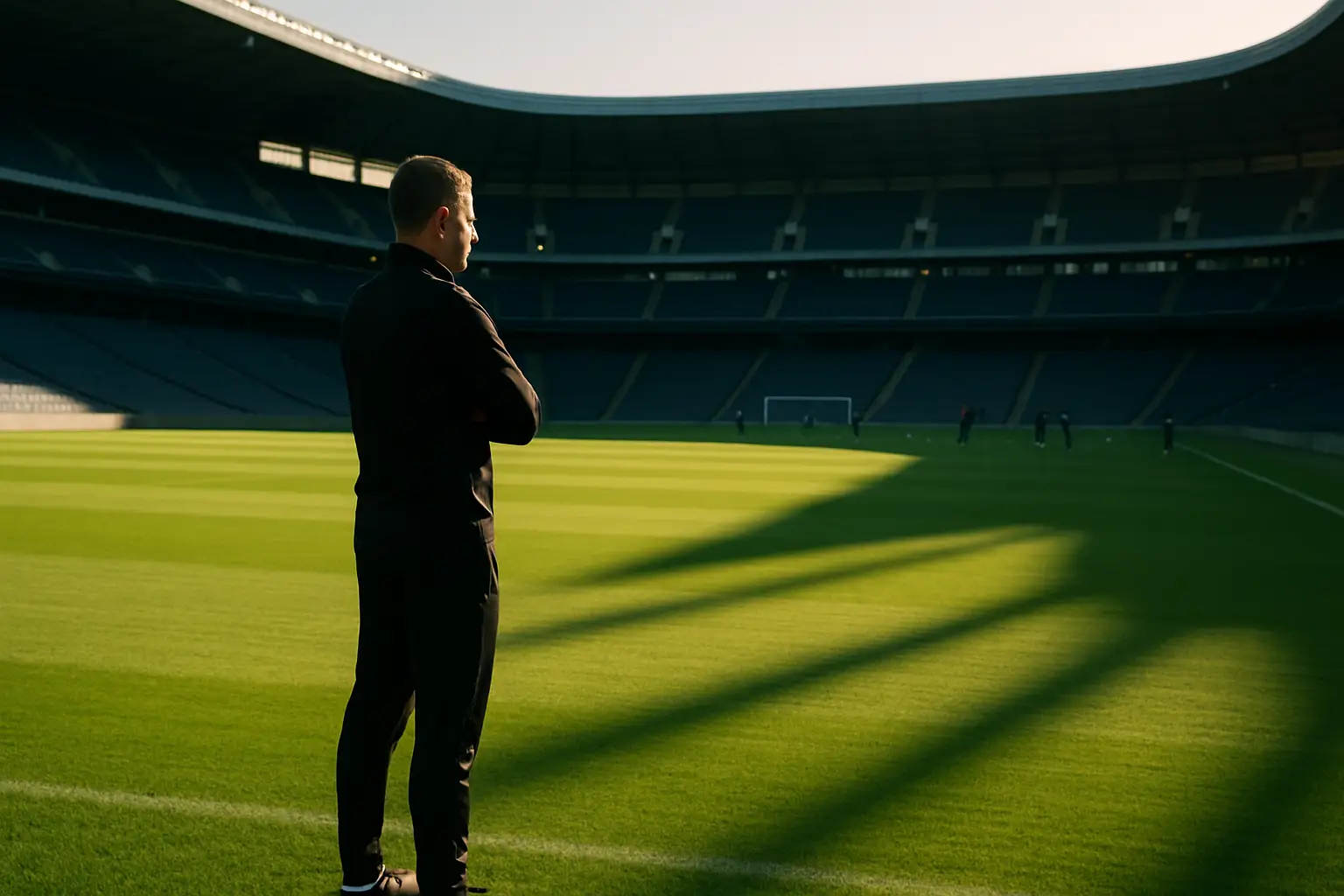 A football coach stands on the sideline of a stadium watching players train on the pitch