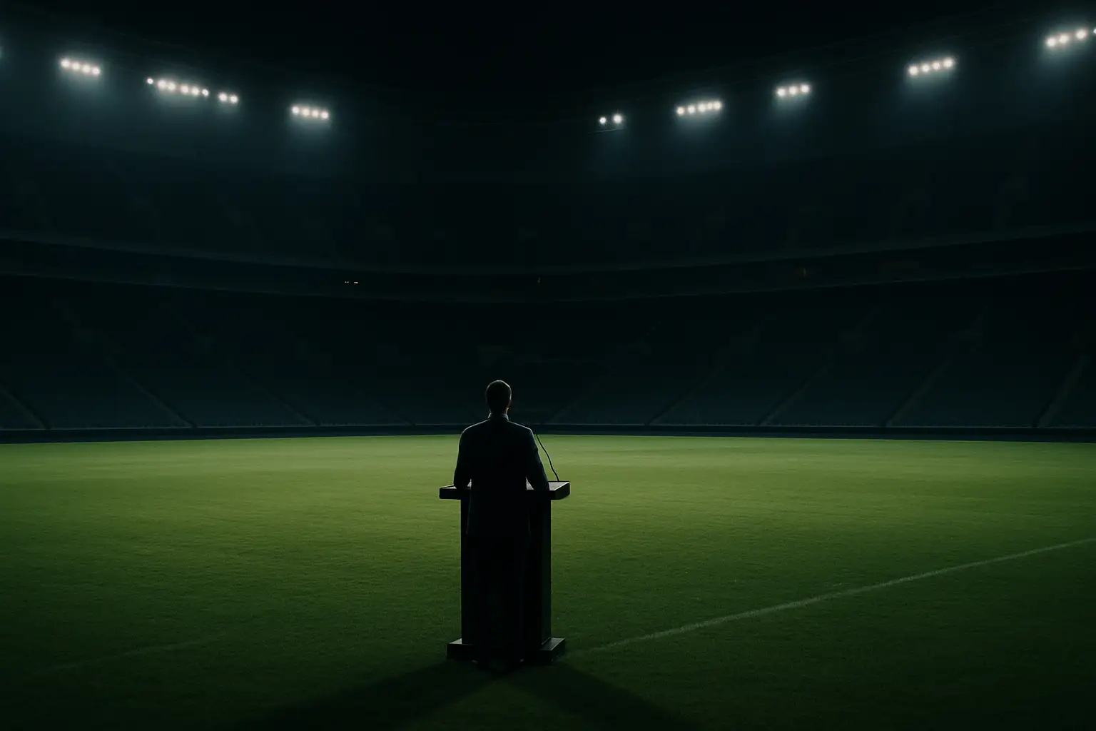 Football Australia officials at a press conference with empty stadium seats in the background