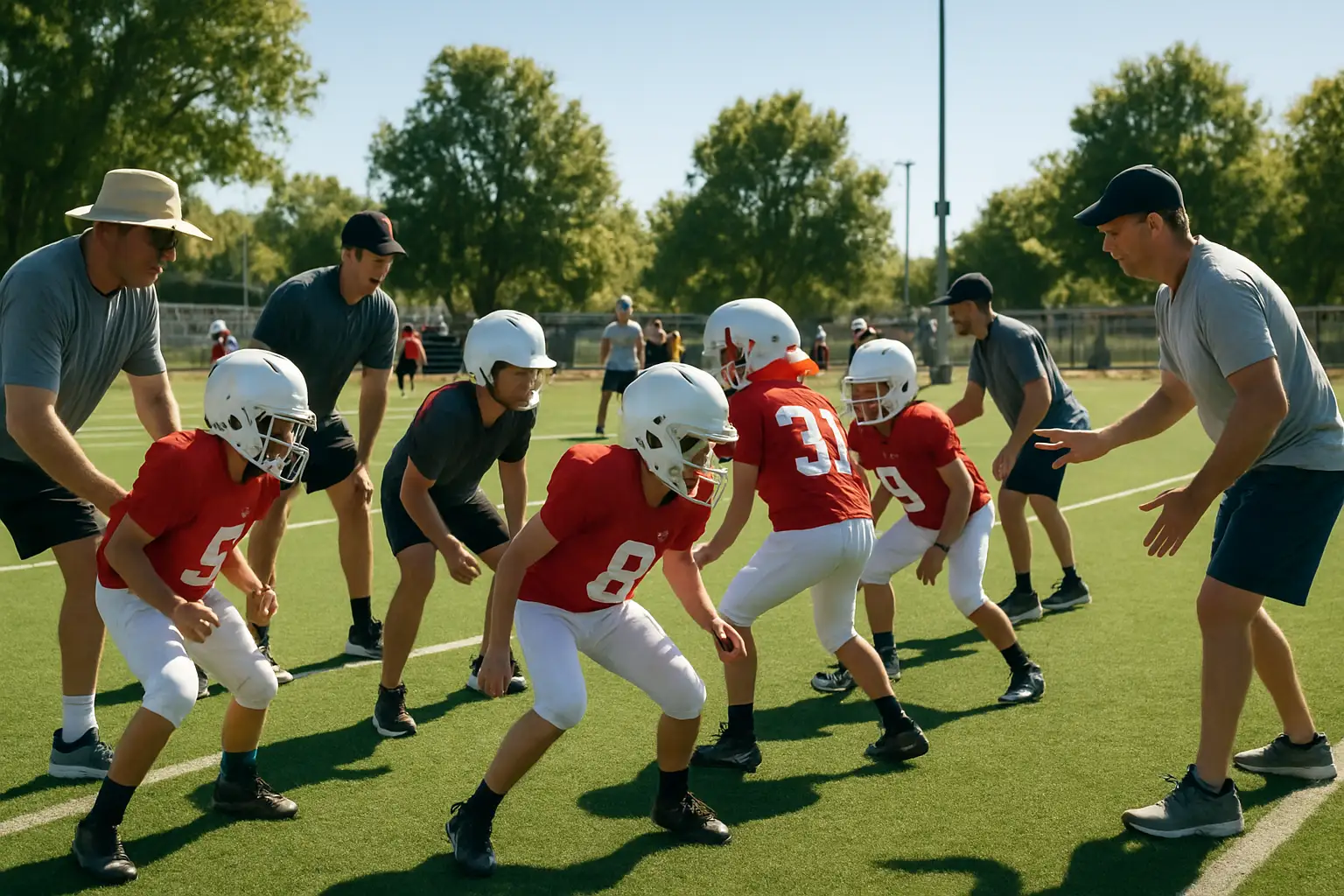 Young athletes with special needs participating in a football camp drill on a green field