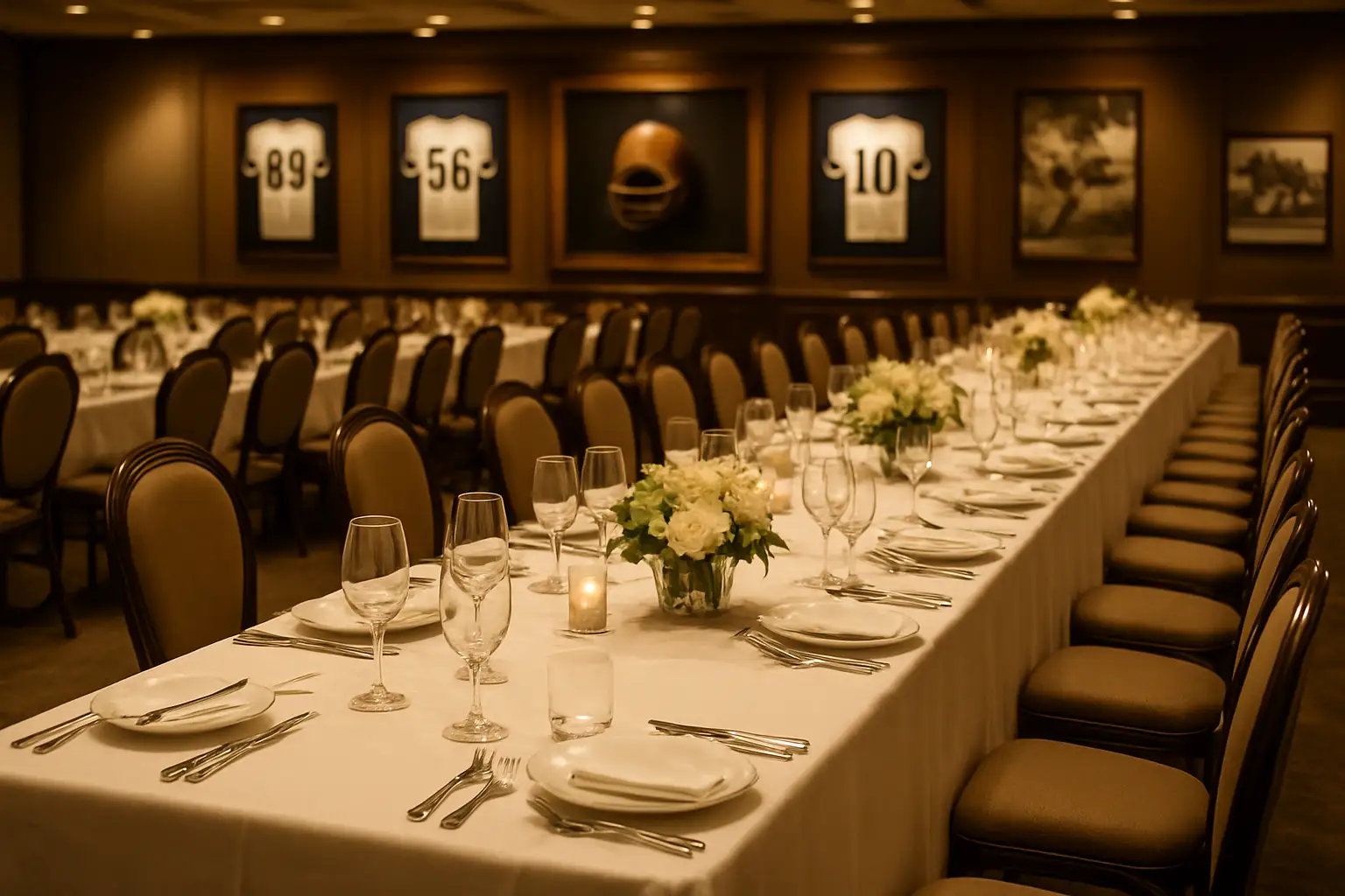 A formal sports lunch table set for football legends and guests