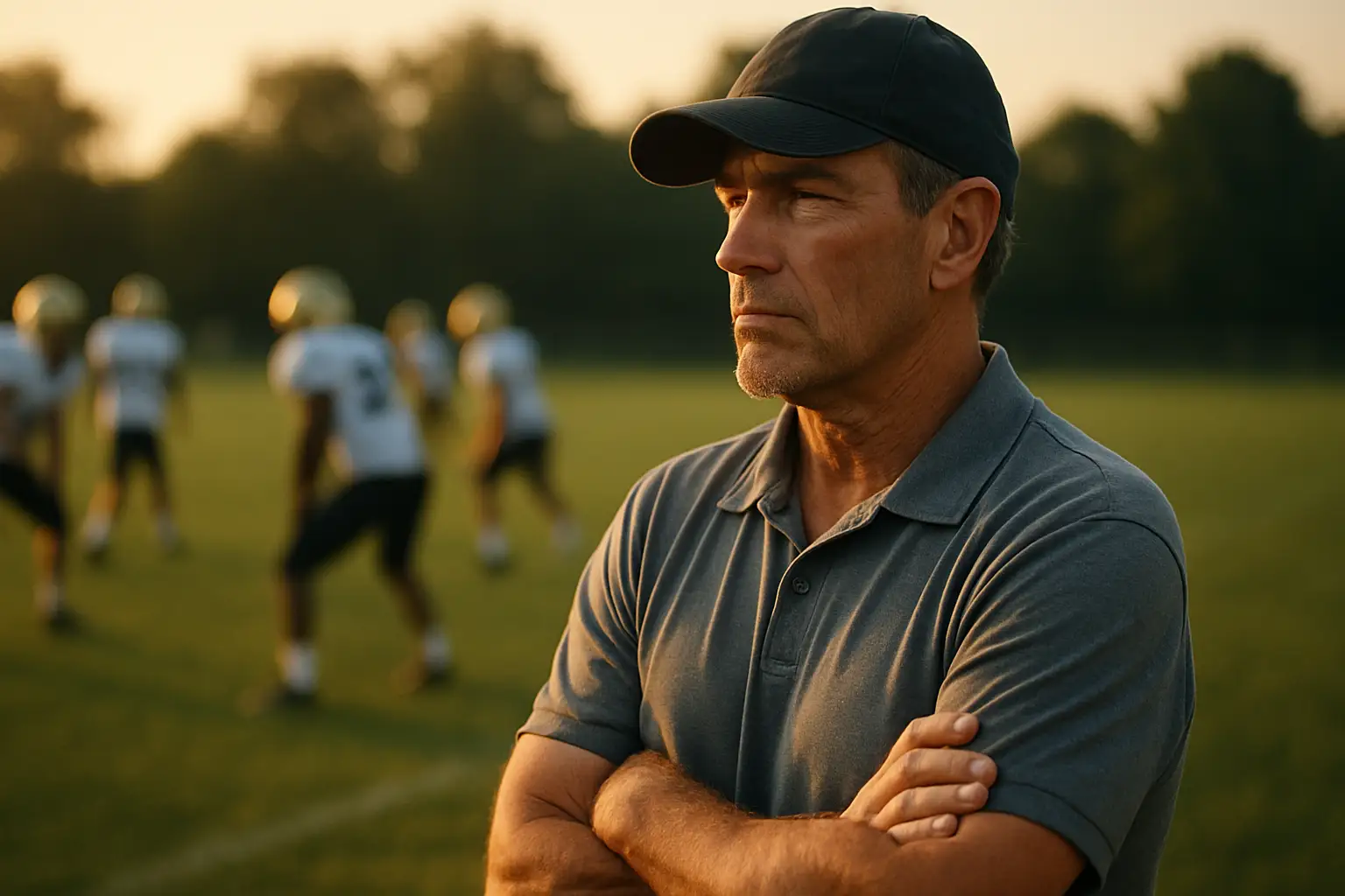 A devoted local football coach stands on a practice field at dusk, watching players run drills