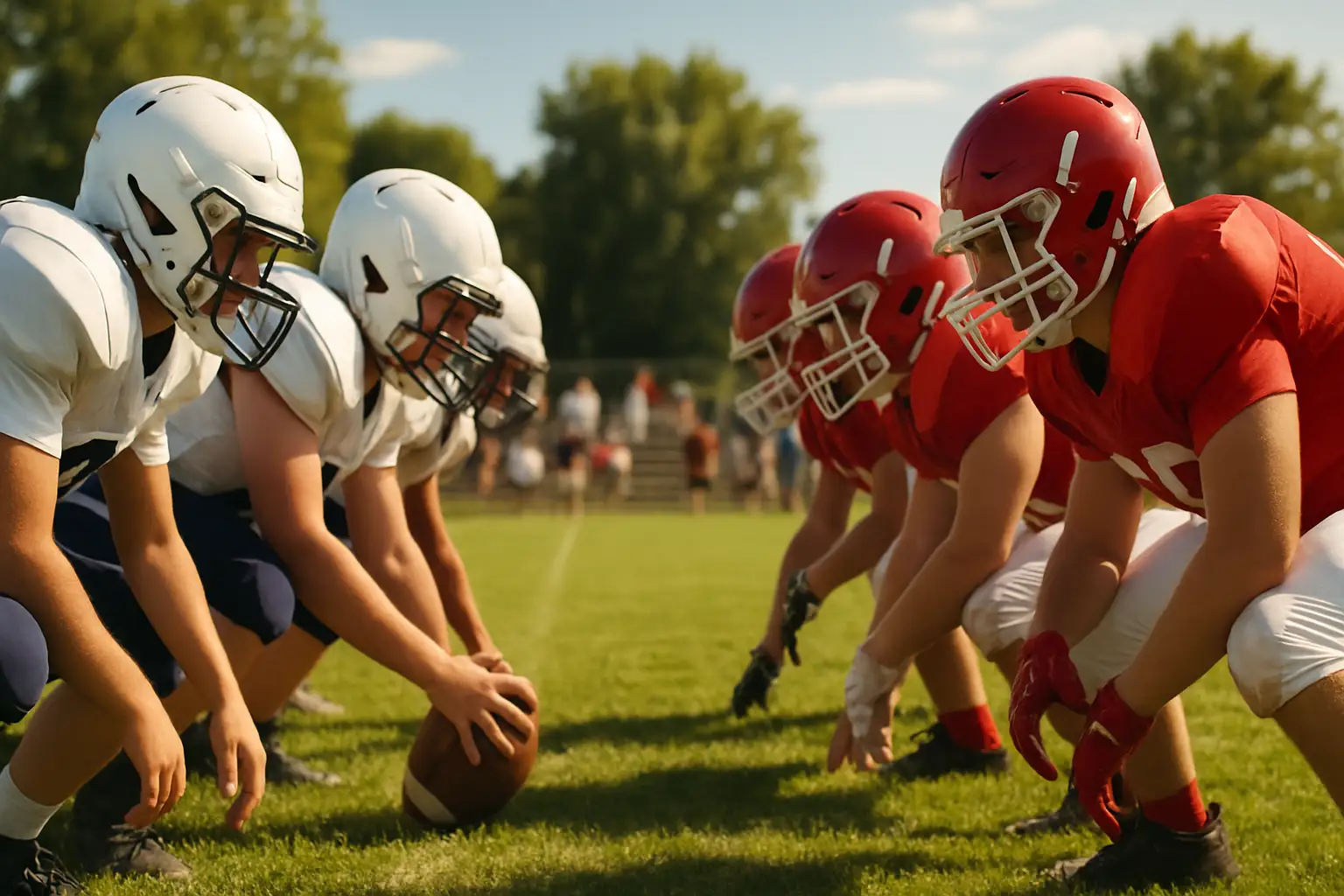 High school football players lined up at the line of scrimmage during a preseason practice game