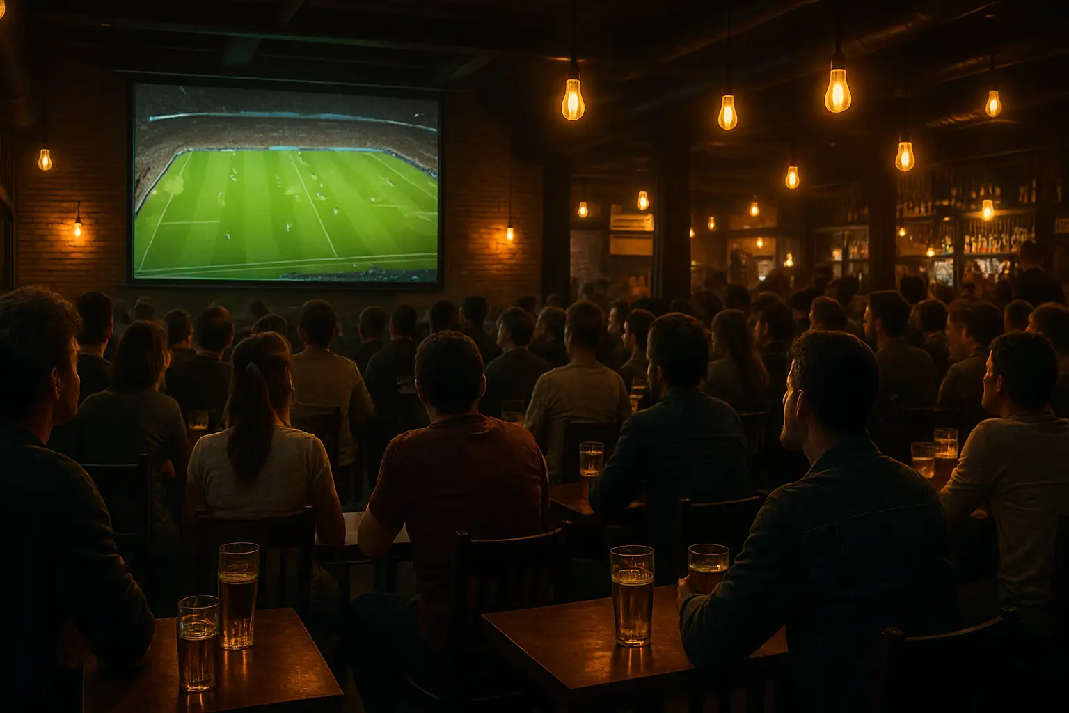 Fans gathered at a bar watching a football match on a large screen, drinks in hand