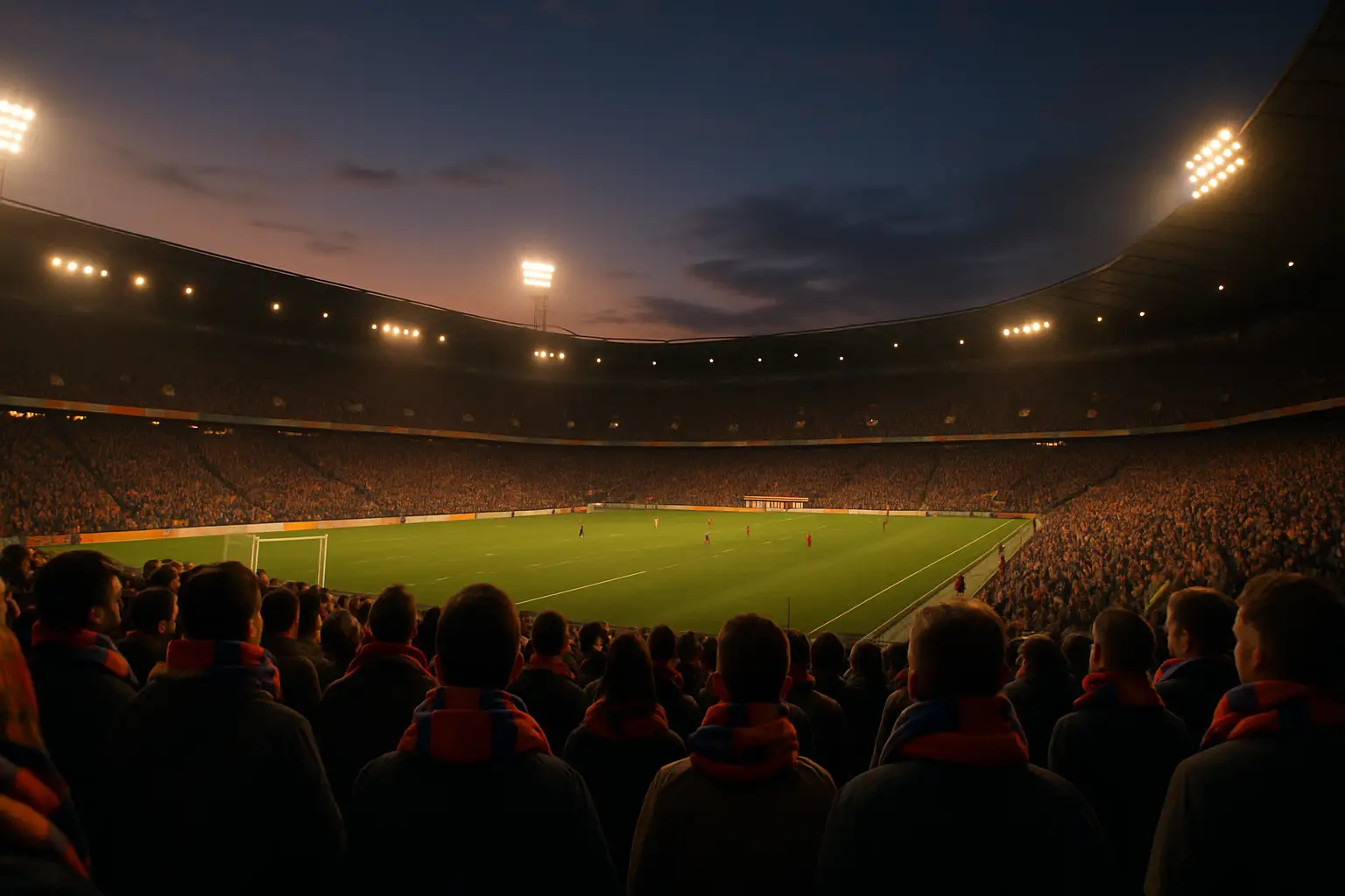 Football supporters standing together in stadium terraces, scarves raised, focused on the pitch