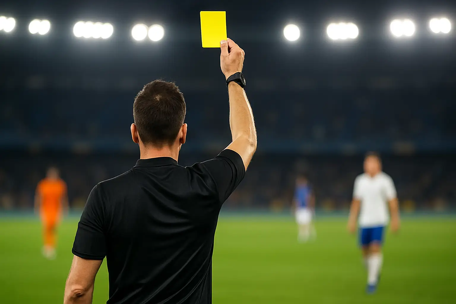 A football referee holding up a yellow card on a green pitch during a match