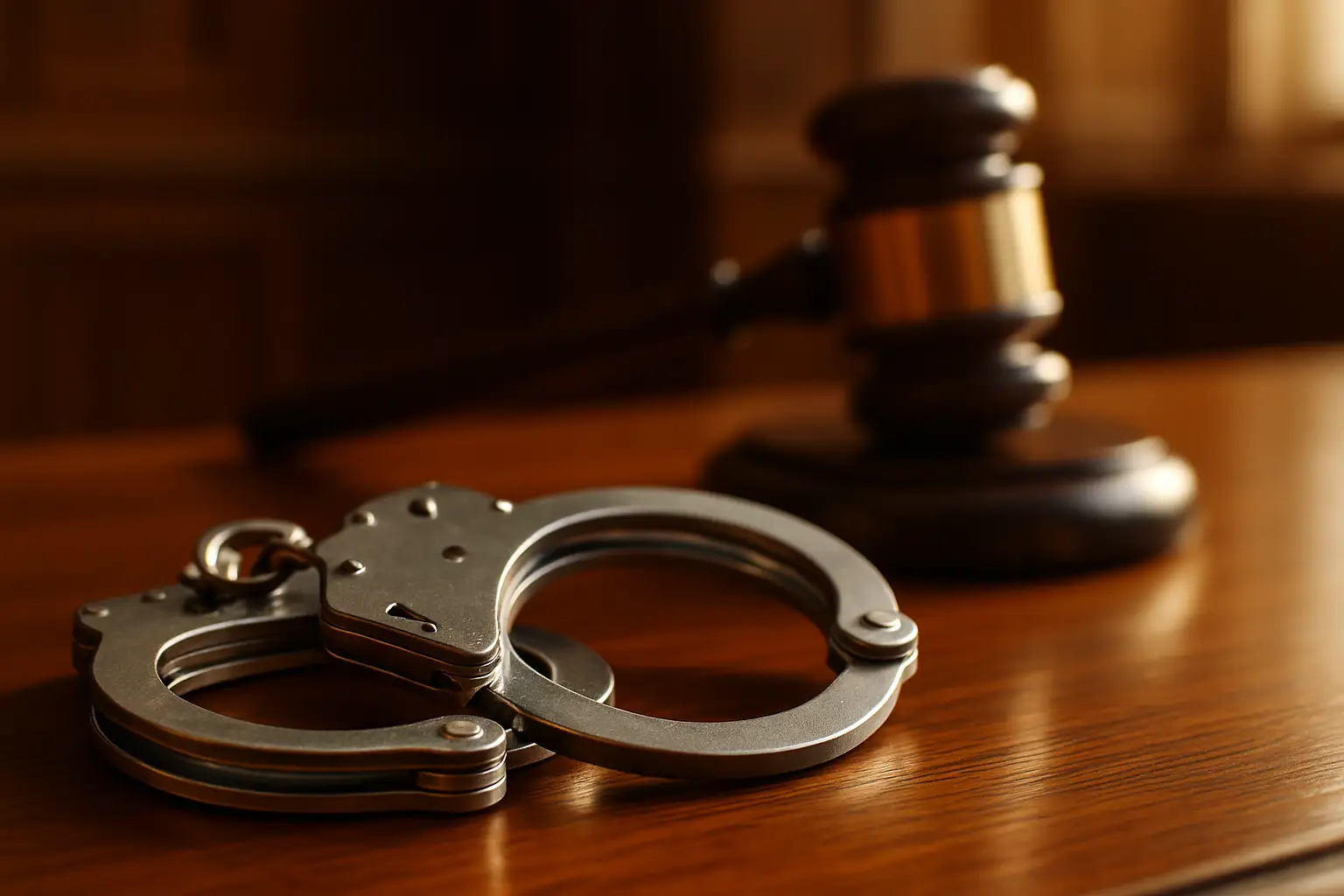 Handcuffs resting on a wooden courtroom surface with a blurred gavel in the background