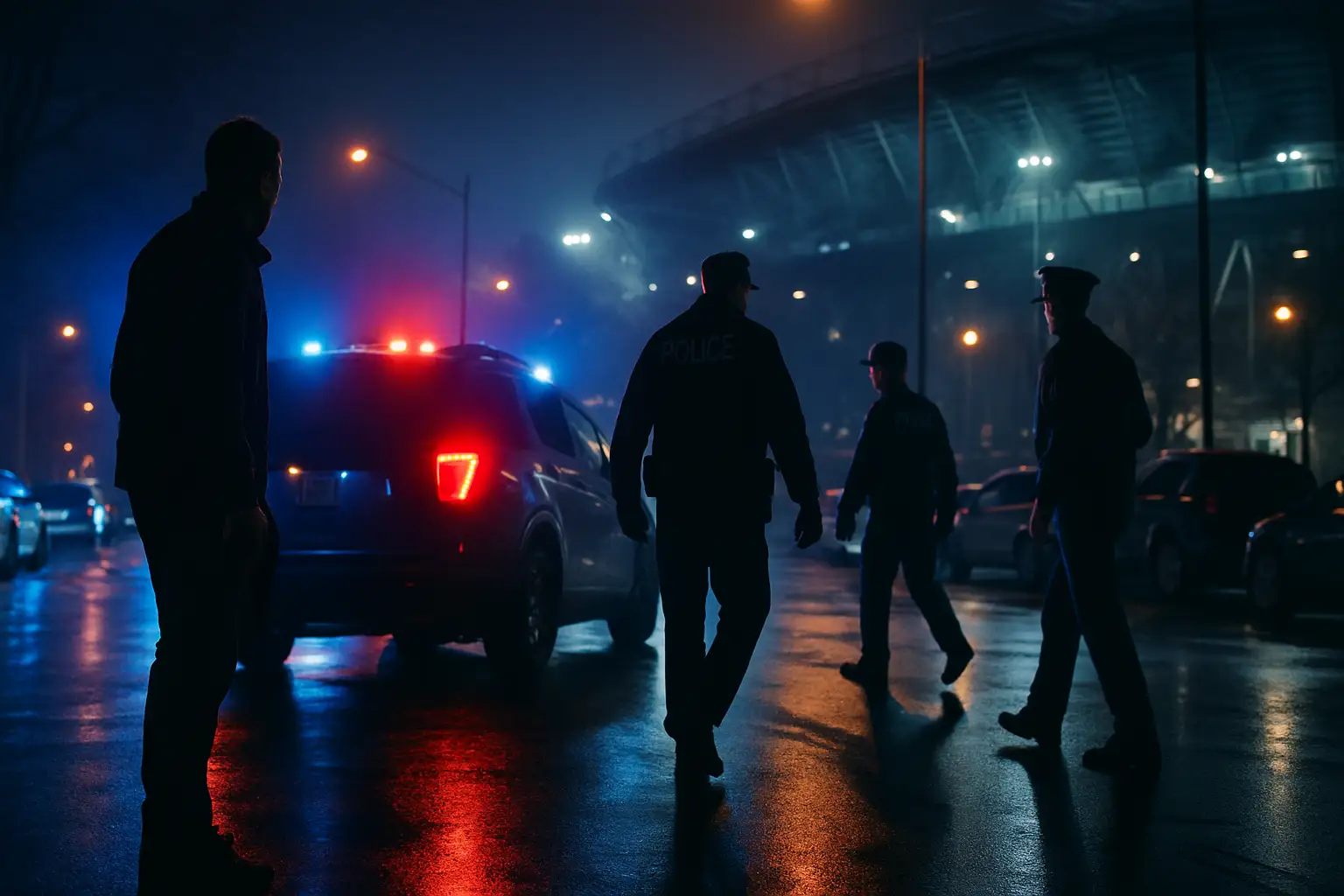 Law enforcement officers in a city street at night during a large-scale operation