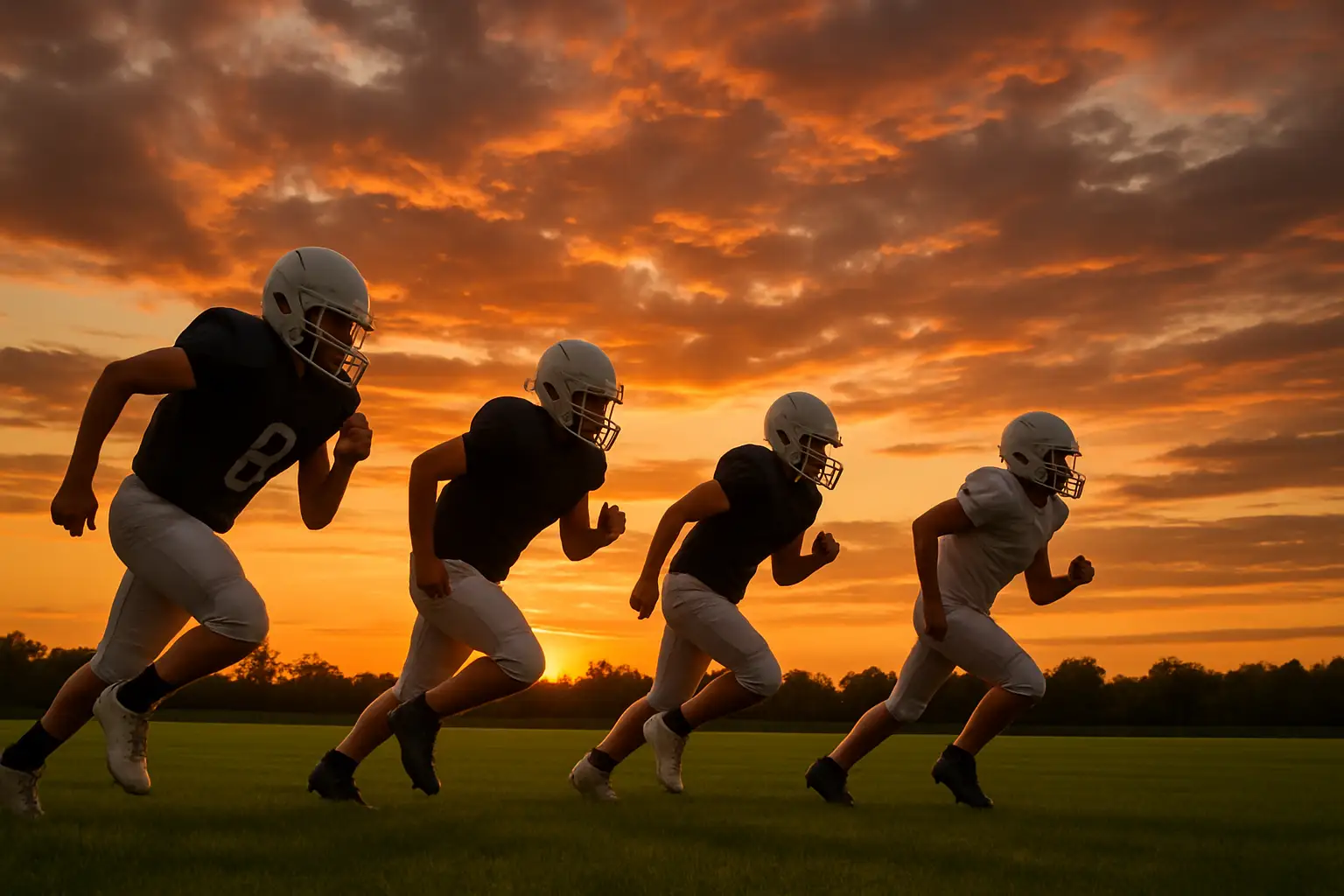 High school football players warming up on a Texas practice field at dusk