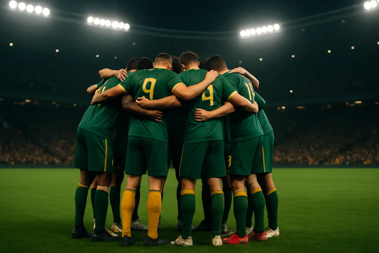 Australian football players in green and gold jerseys on a World Cup match pitch