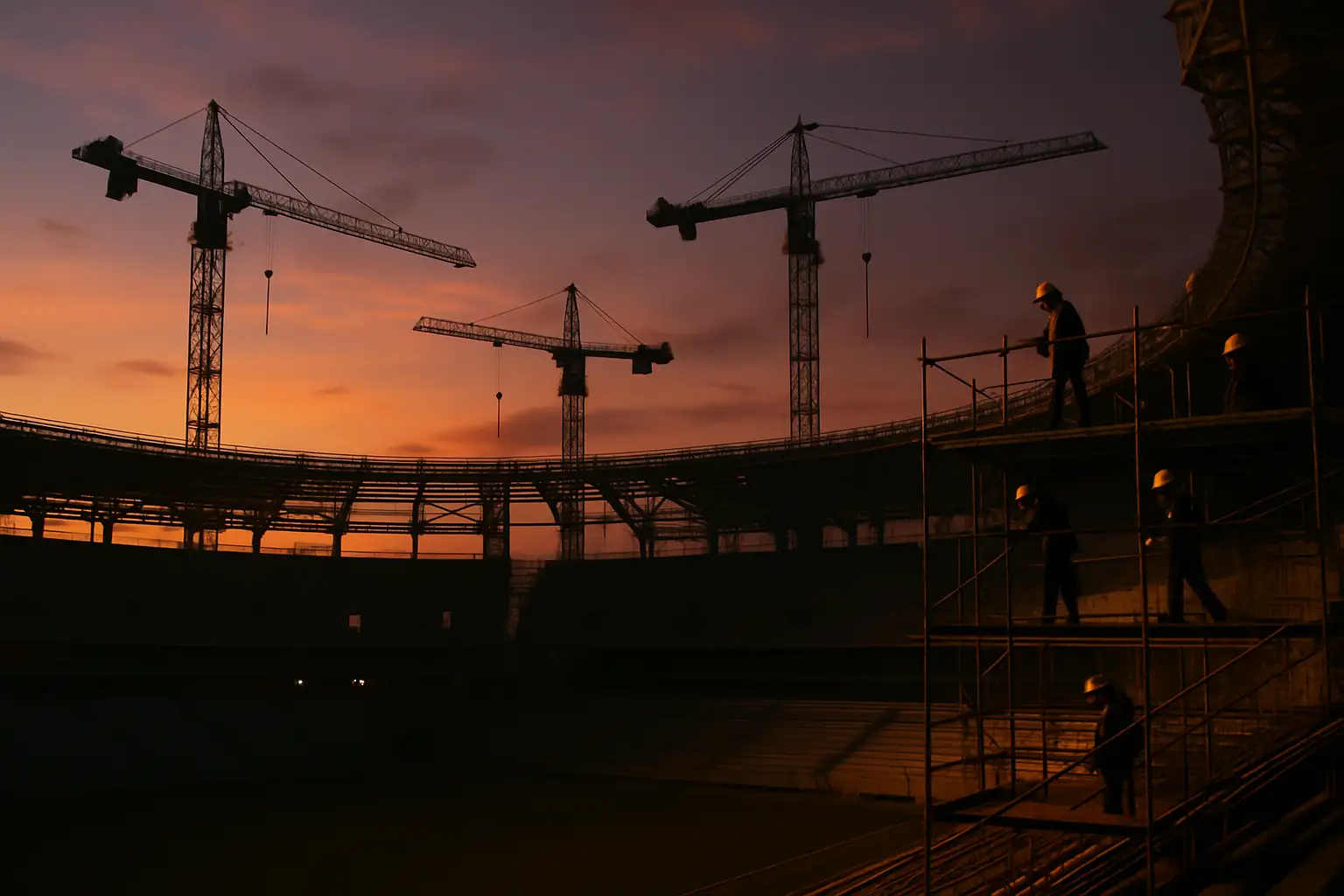 A modern stadium under construction at dusk with cranes silhouetted against a warm sky