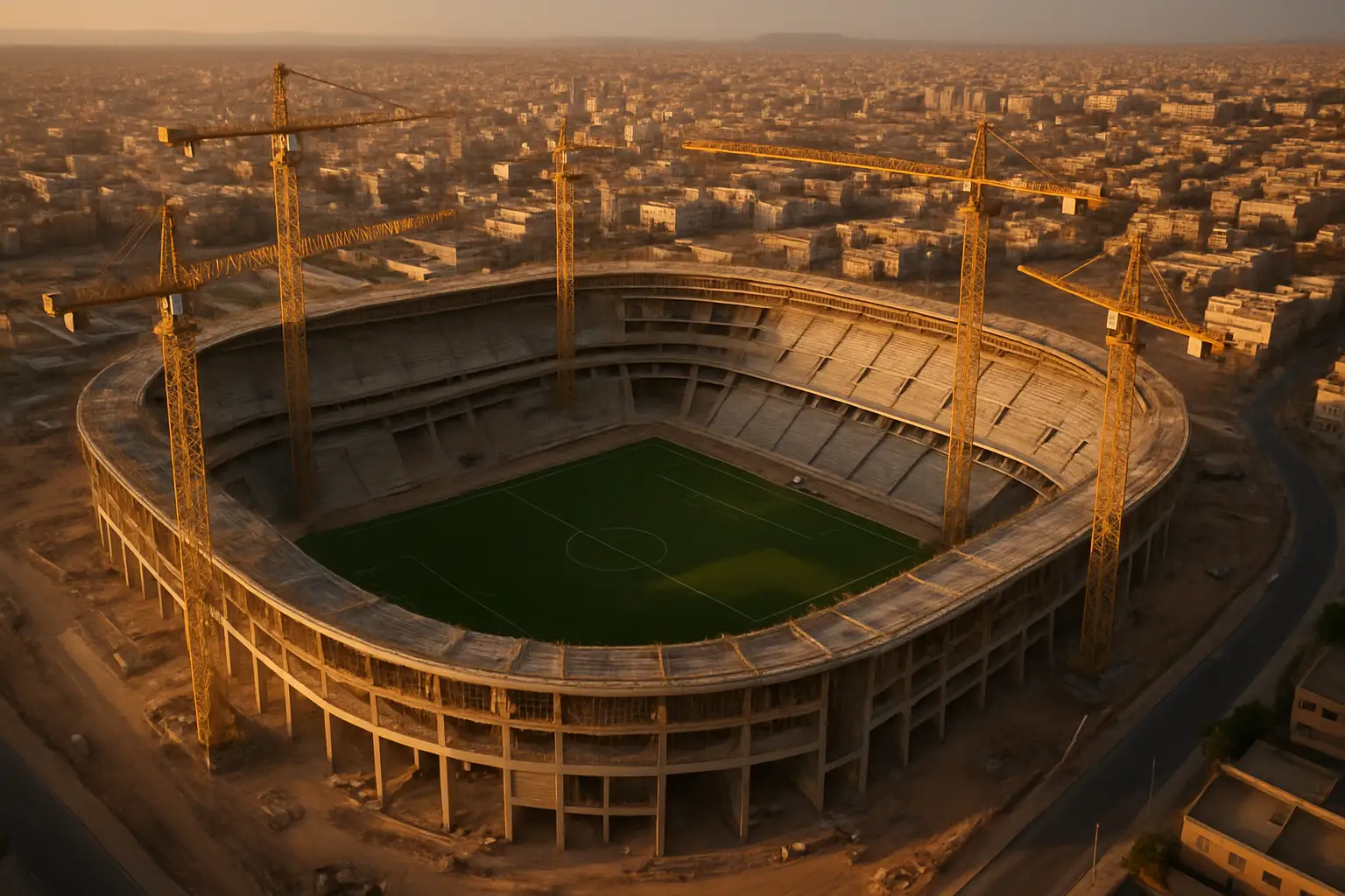 Aerial view of a Moroccan stadium under construction with city skyline in the background