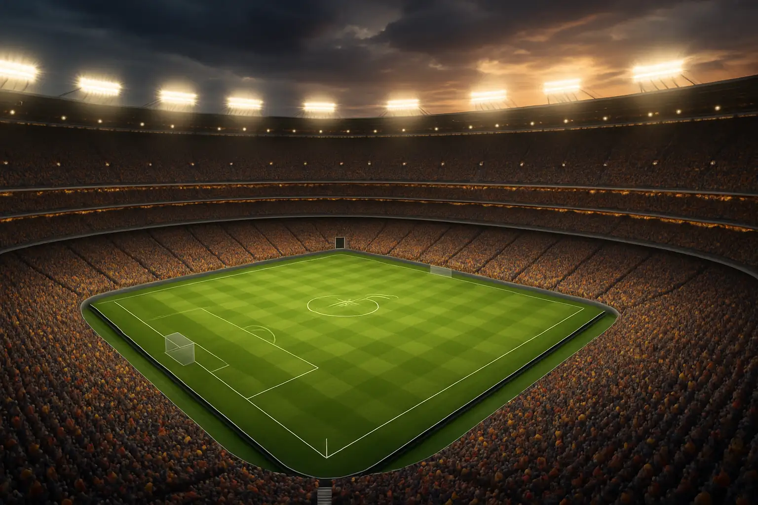 A packed football stadium glowing under floodlights on a summer evening with a green pitch ready for a major final