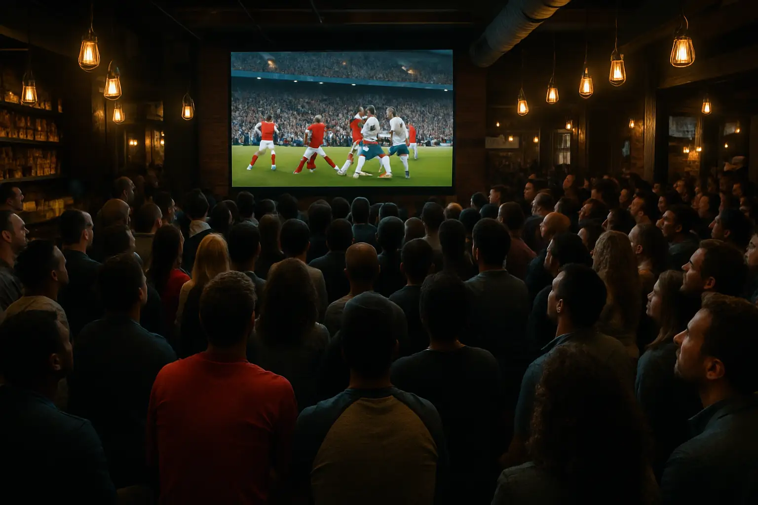 A large crowd of football fans watching a match on a big screen inside a packed stadium