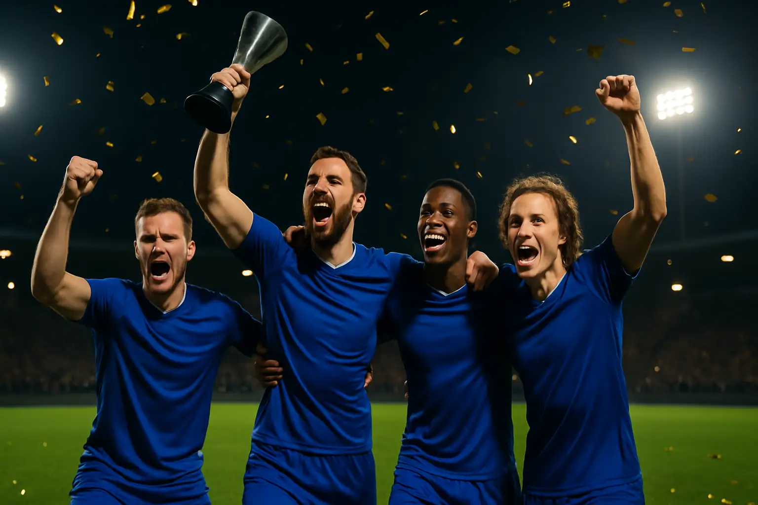 French football players celebrating on the pitch after a World Cup quarterfinal victory